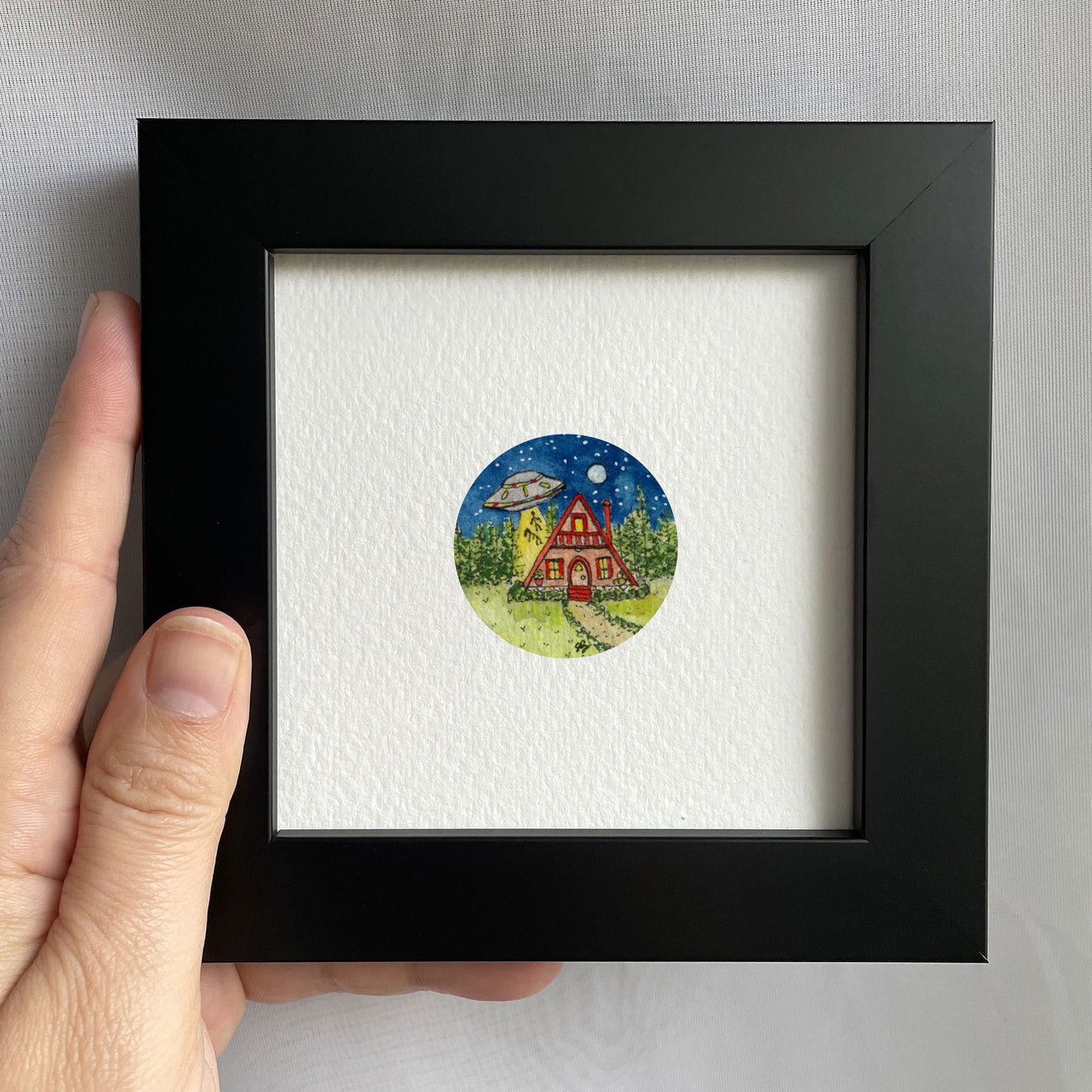A-Frame Cabin UFO Abduction Tiny Art Watercolor Print