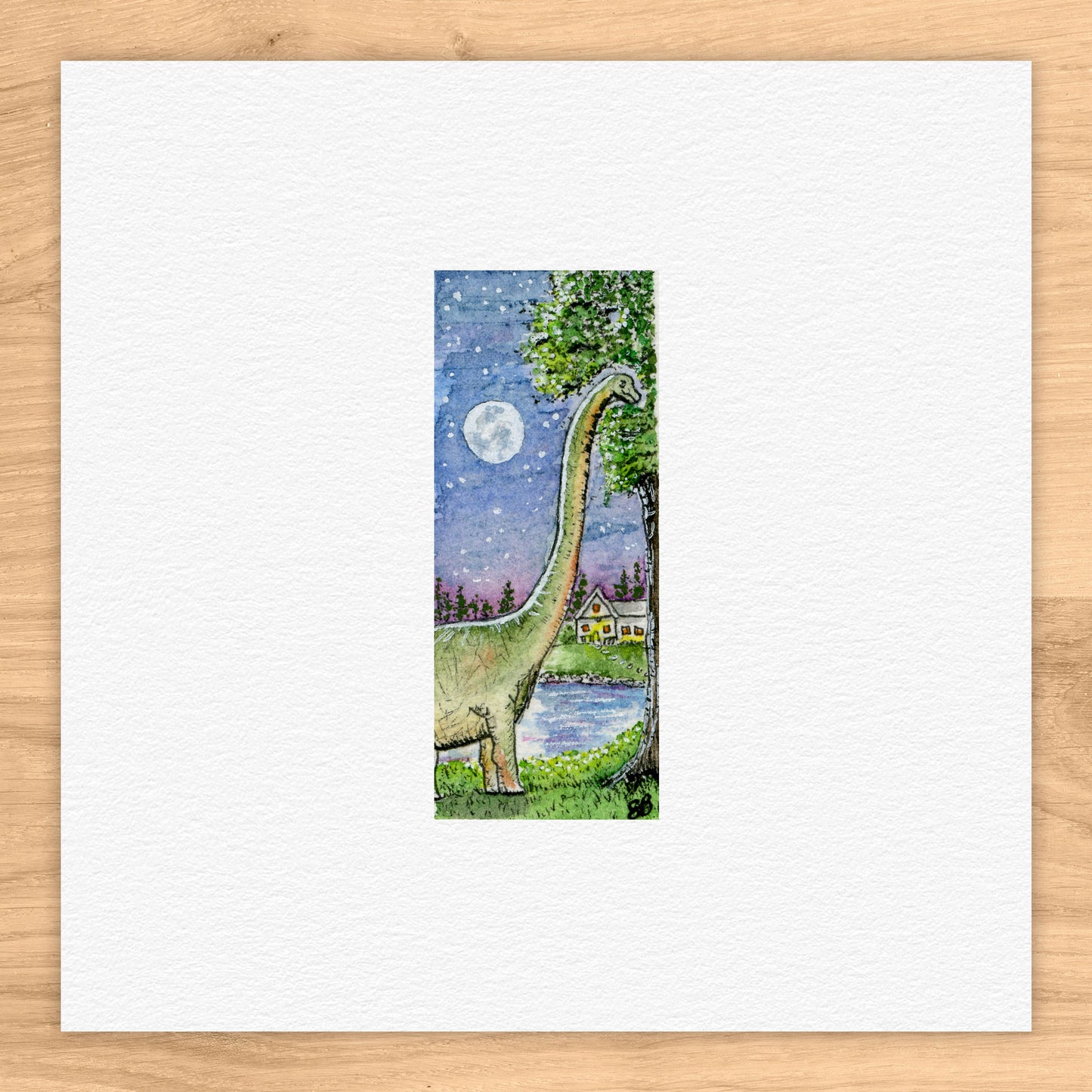Brachiosaurus at Night Watercolor Print