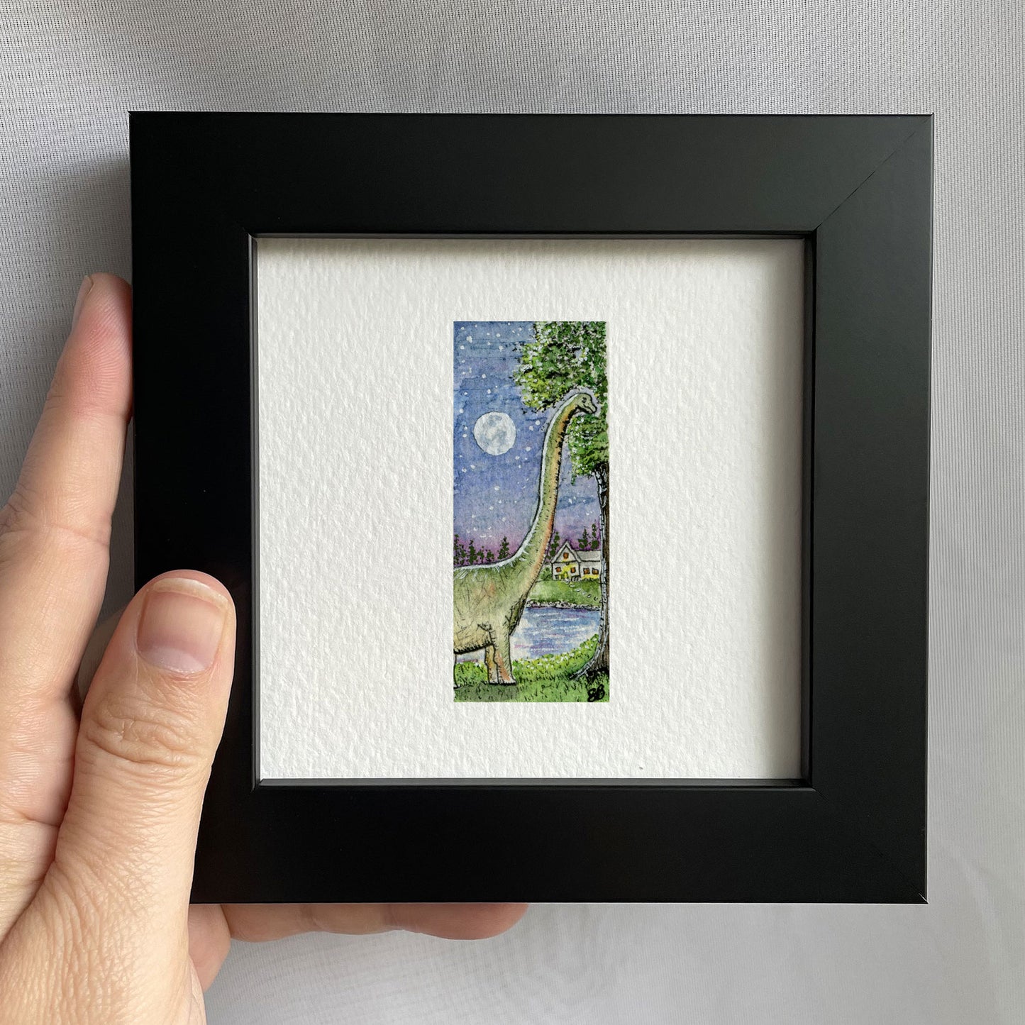 Brachiosaurus at Night Watercolor Print