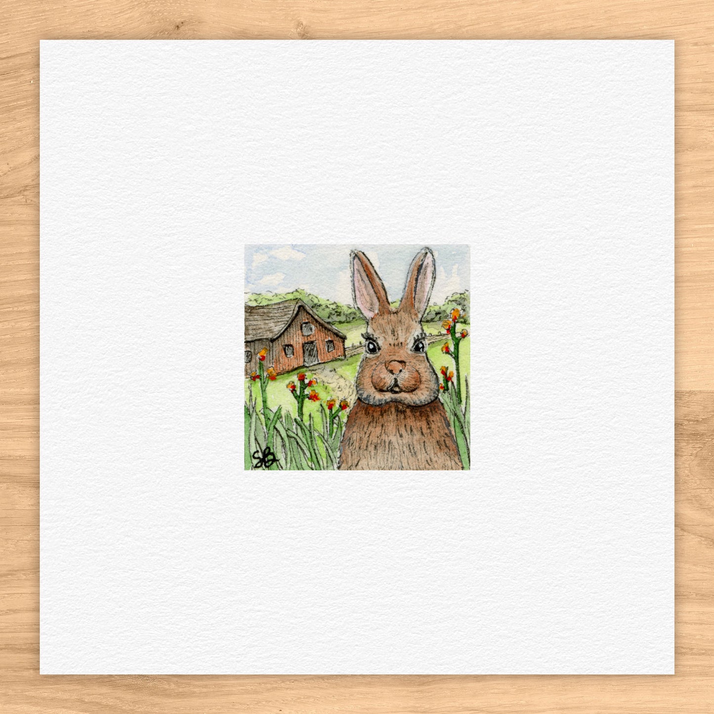 Bunny and Barn Tiny Art Watercolor Print