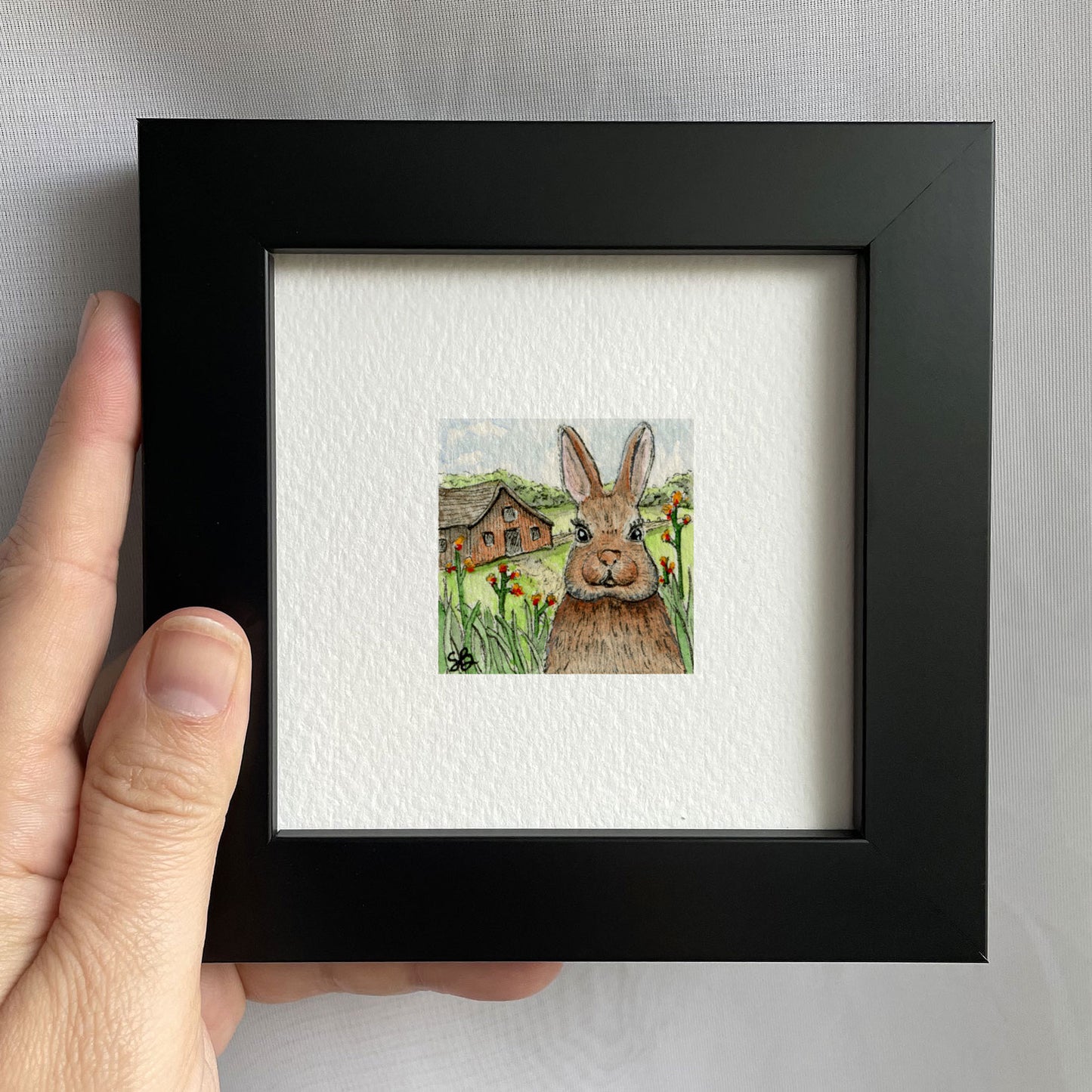 Bunny and Barn Tiny Art Watercolor Print