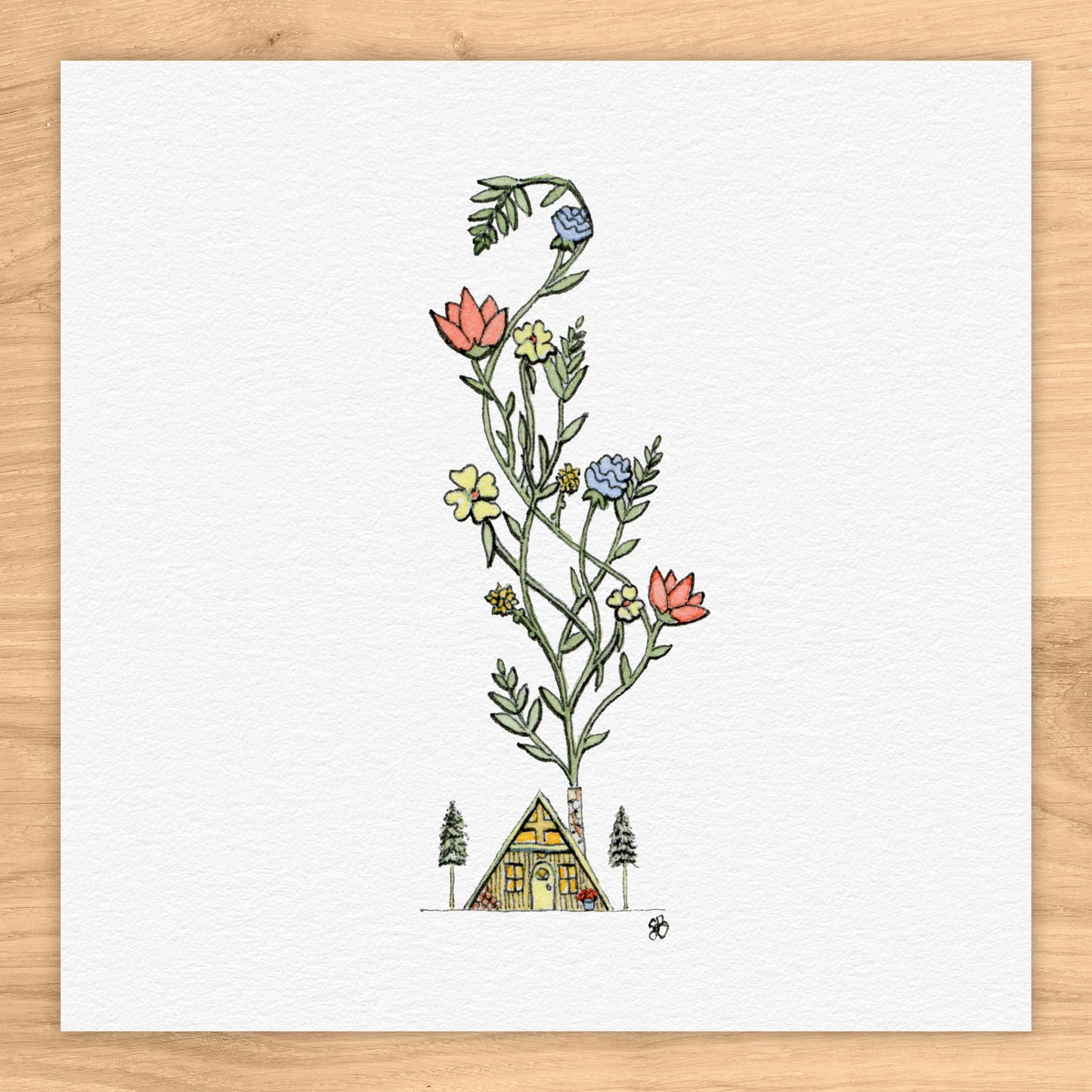 A-Frame Smoke Flowers Tiny Art Watercolor Print