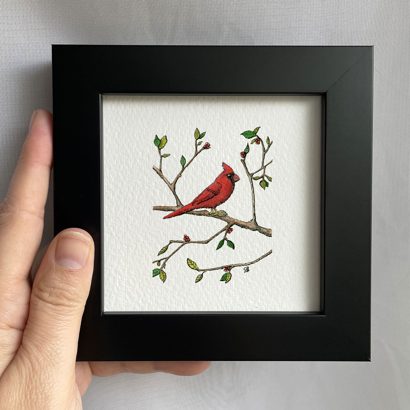 Cardinal On Branch Tiny Art Watercolor Print
