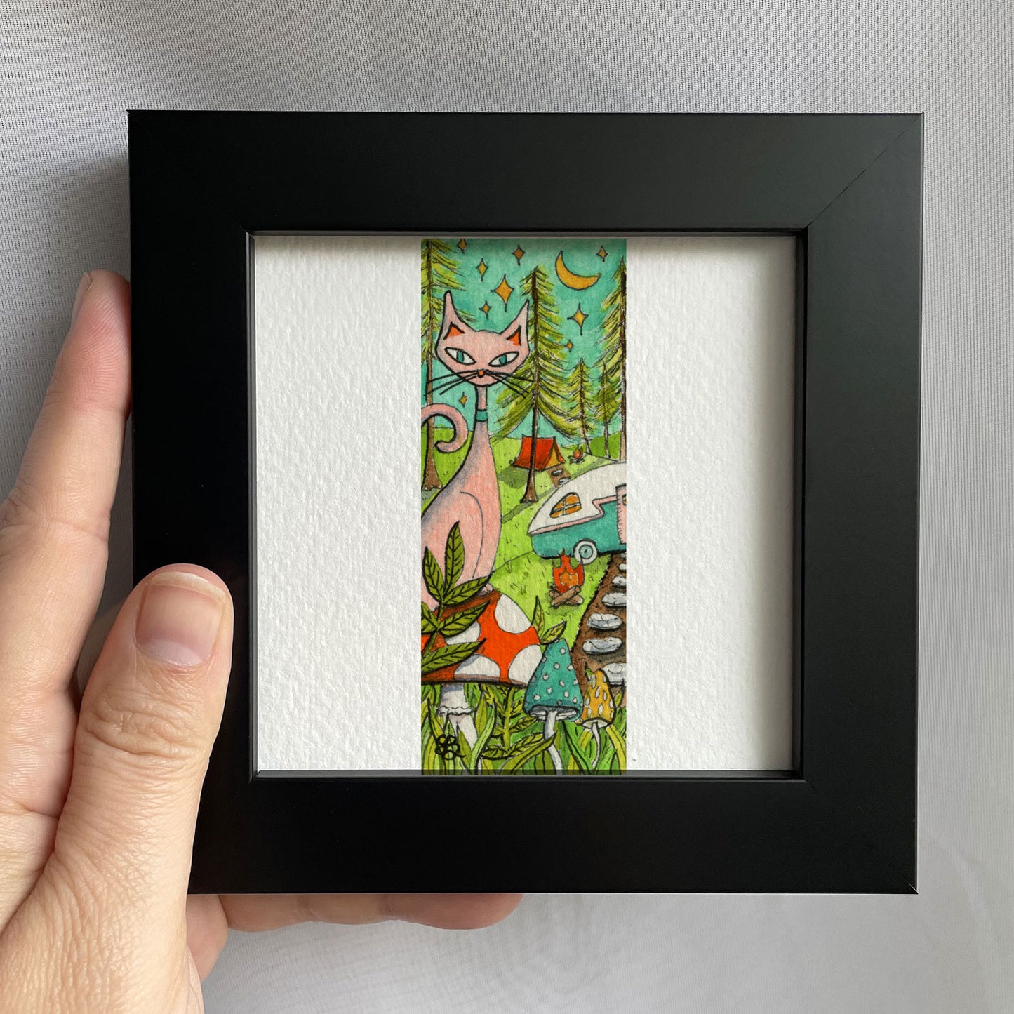 Cat And Campsite Tiny Art Watercolor Print
