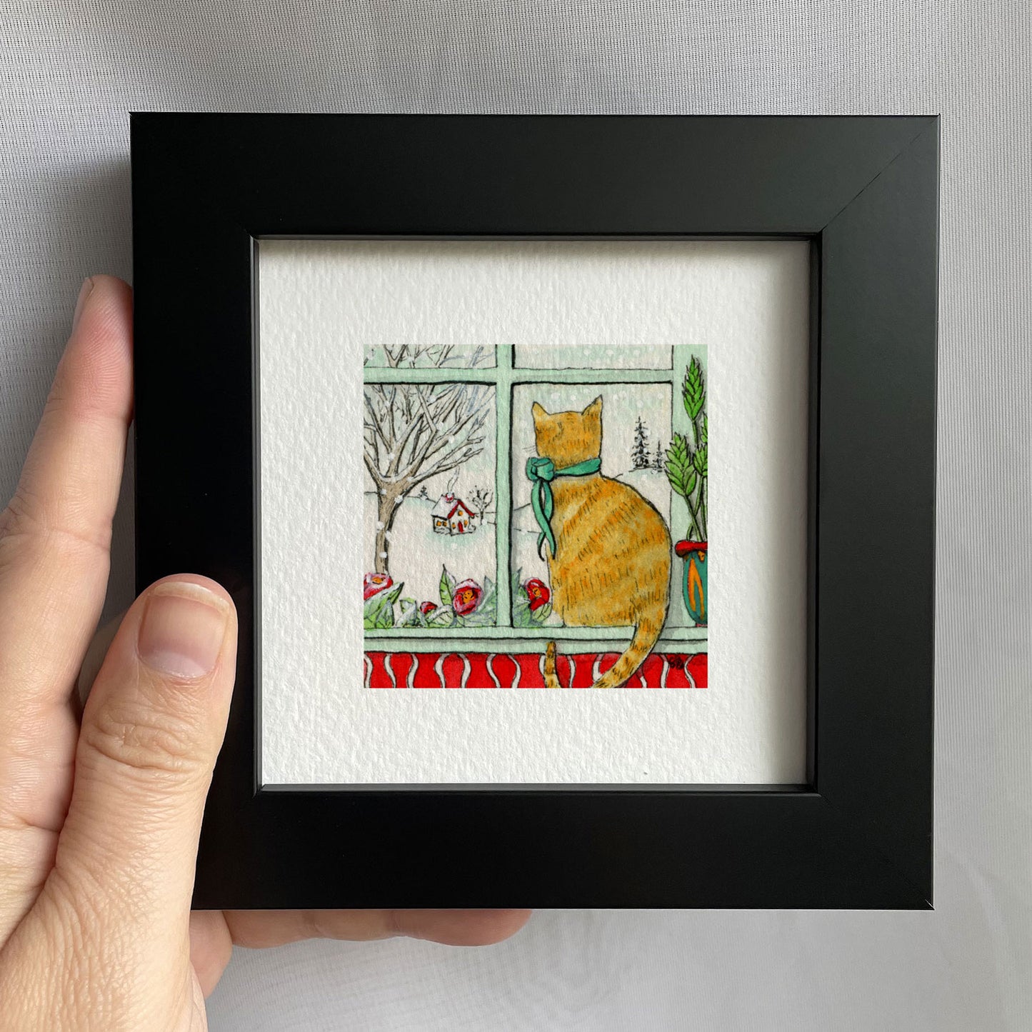 Cat in Snowy Window Tiny Art Watercolor Print