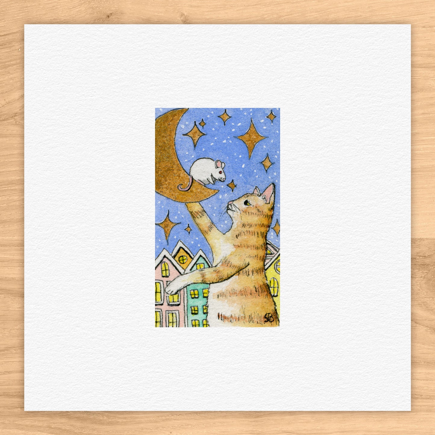 Cat, Mouse, Moon Watercolor Print