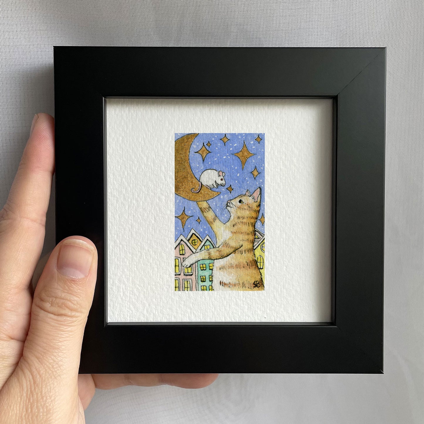 Cat, Mouse, Moon Watercolor Print