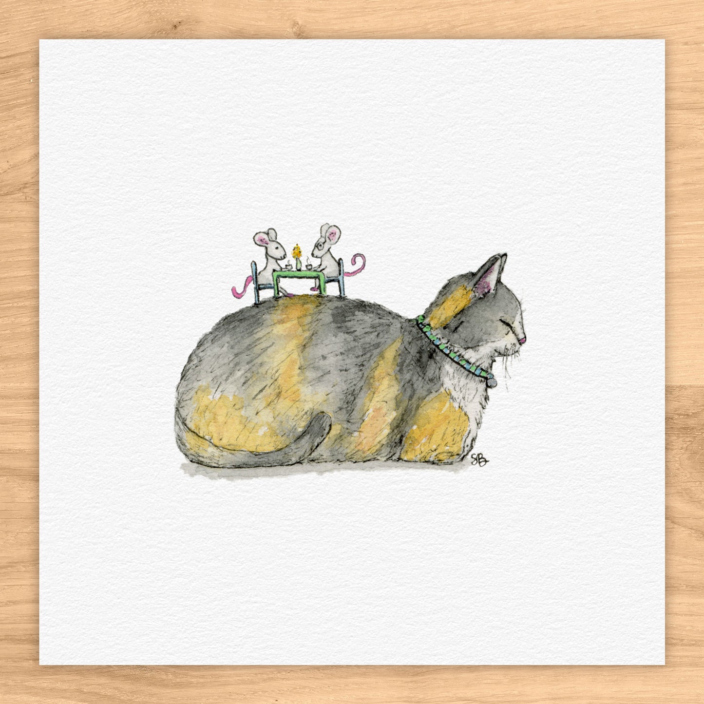 Cat and Mouse Tea Party Tiny Art Watercolor Print
