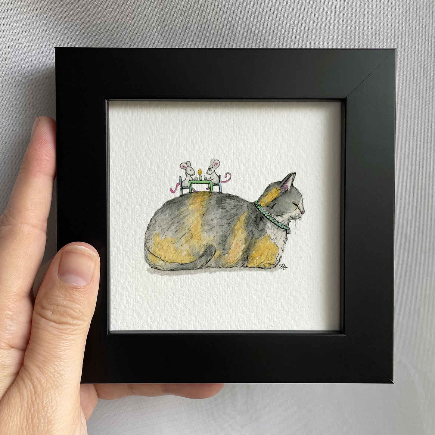 Cat and Mouse Tea Party Tiny Art Watercolor Print