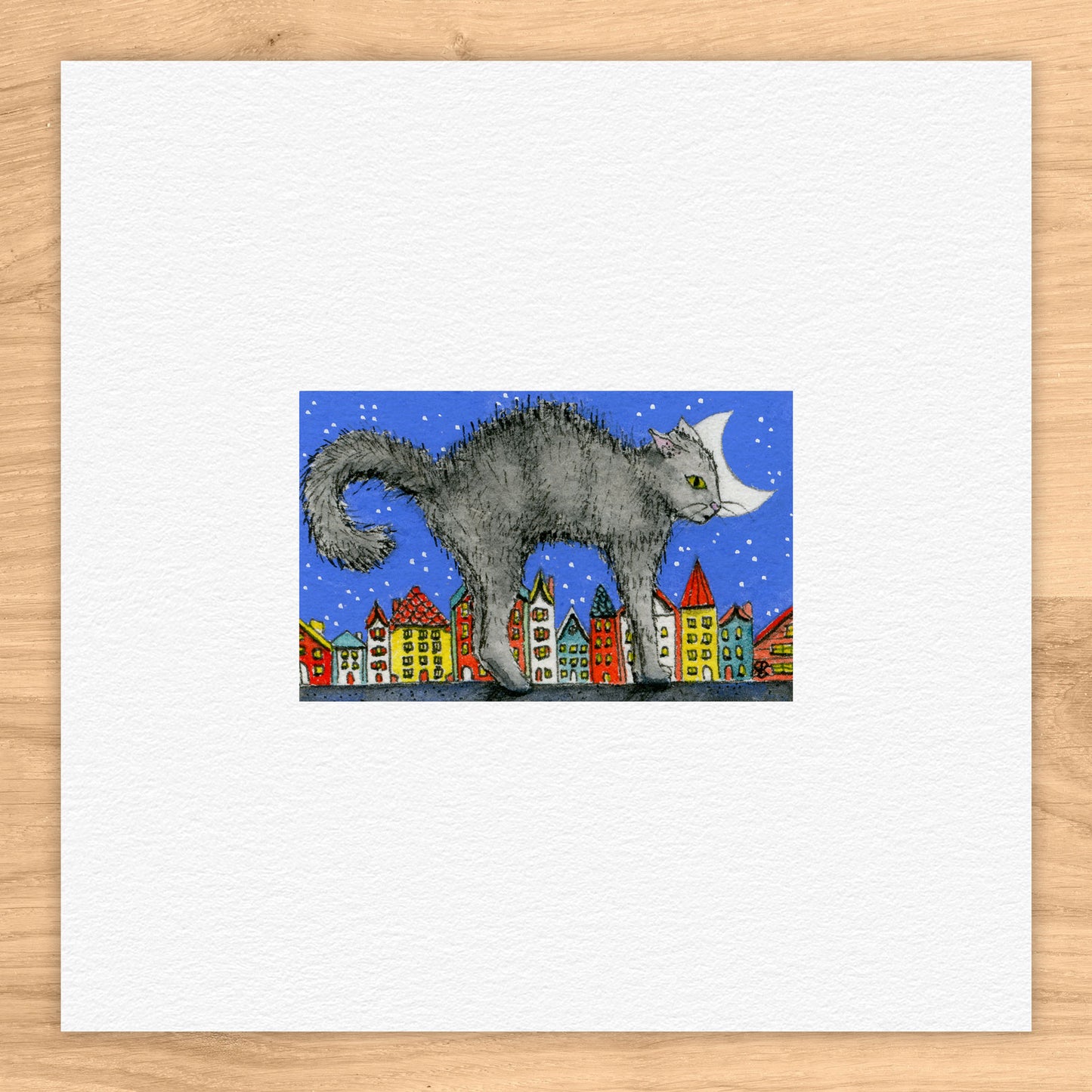 Cat Over City Tiny Art Watercolor Print