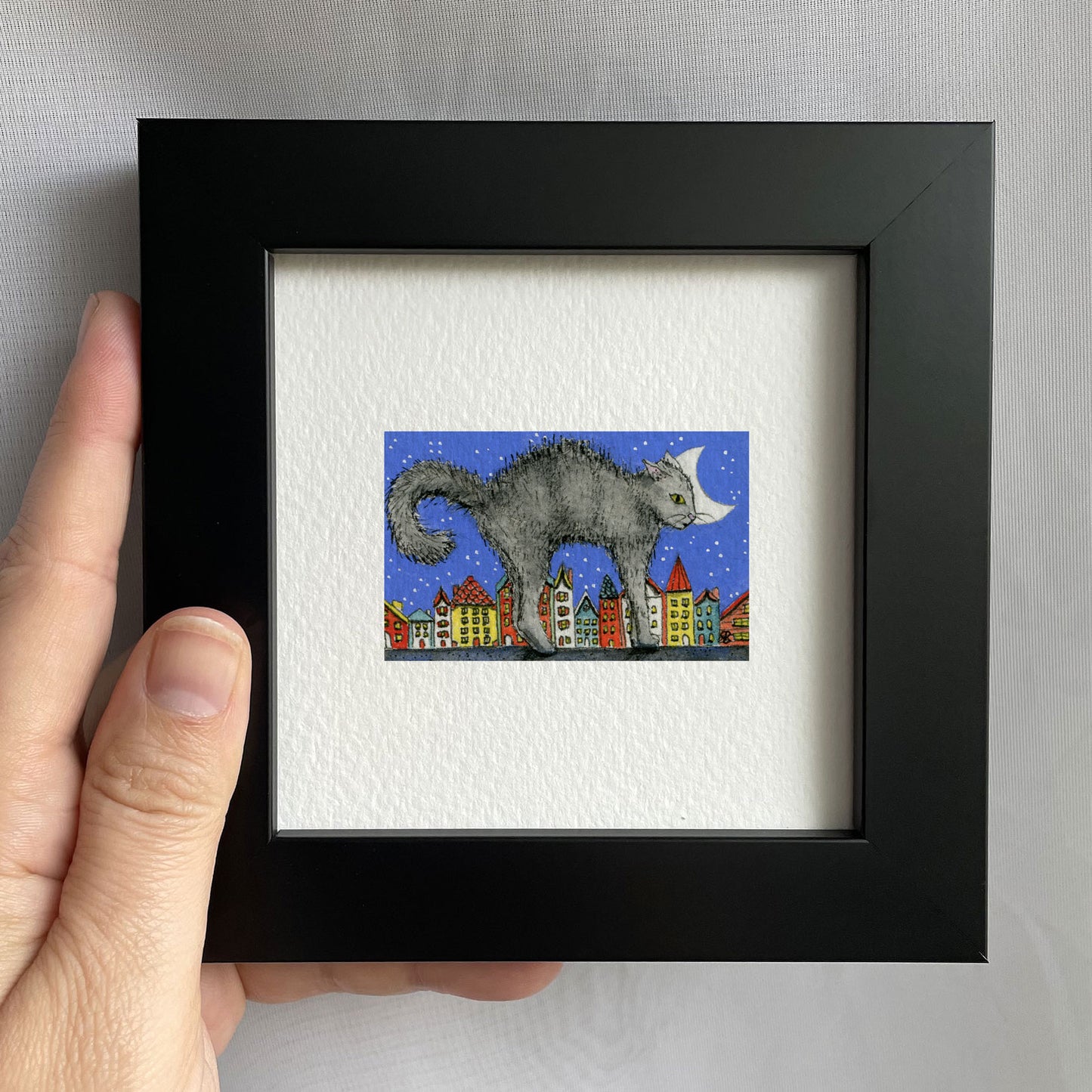 Cat Over City Tiny Art Watercolor Print