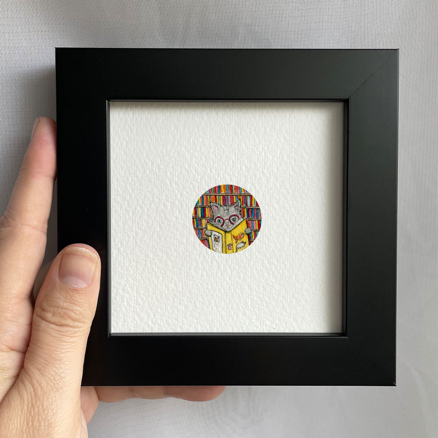 Cat Reading A Book Tiny Art Watercolor Print