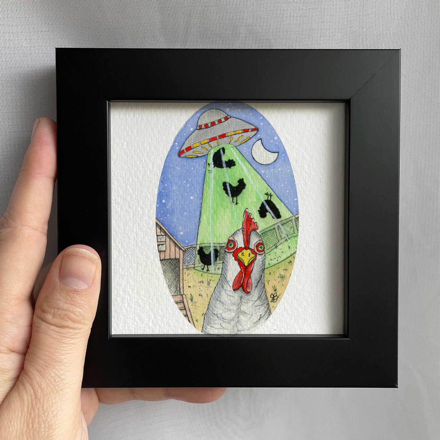 Chicken Abduction II Tiny Art Watercolor Print