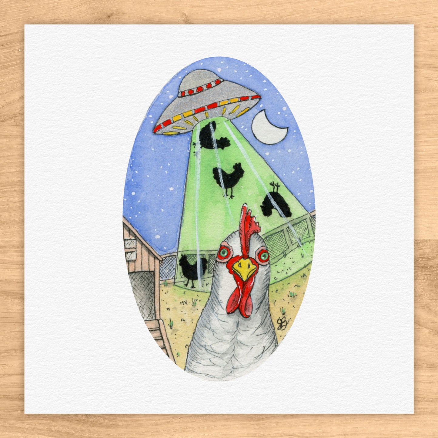 Chicken Abduction II Tiny Art Watercolor Print