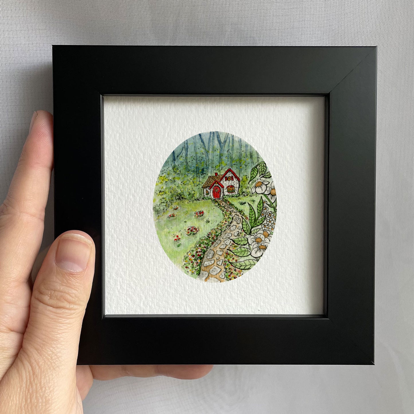Cottage Path In Forest Tiny Art Watercolor Print