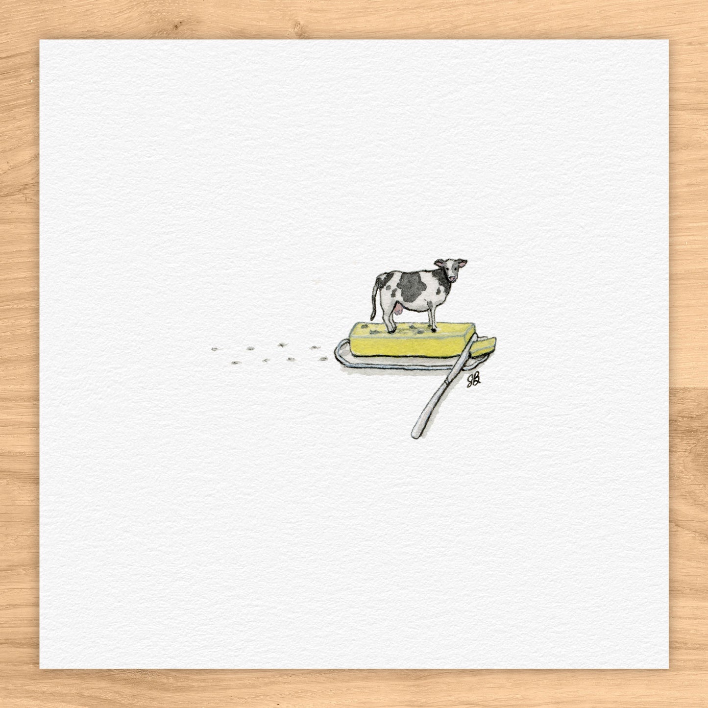 Cow on Butter Tiny Art Watercolor Print