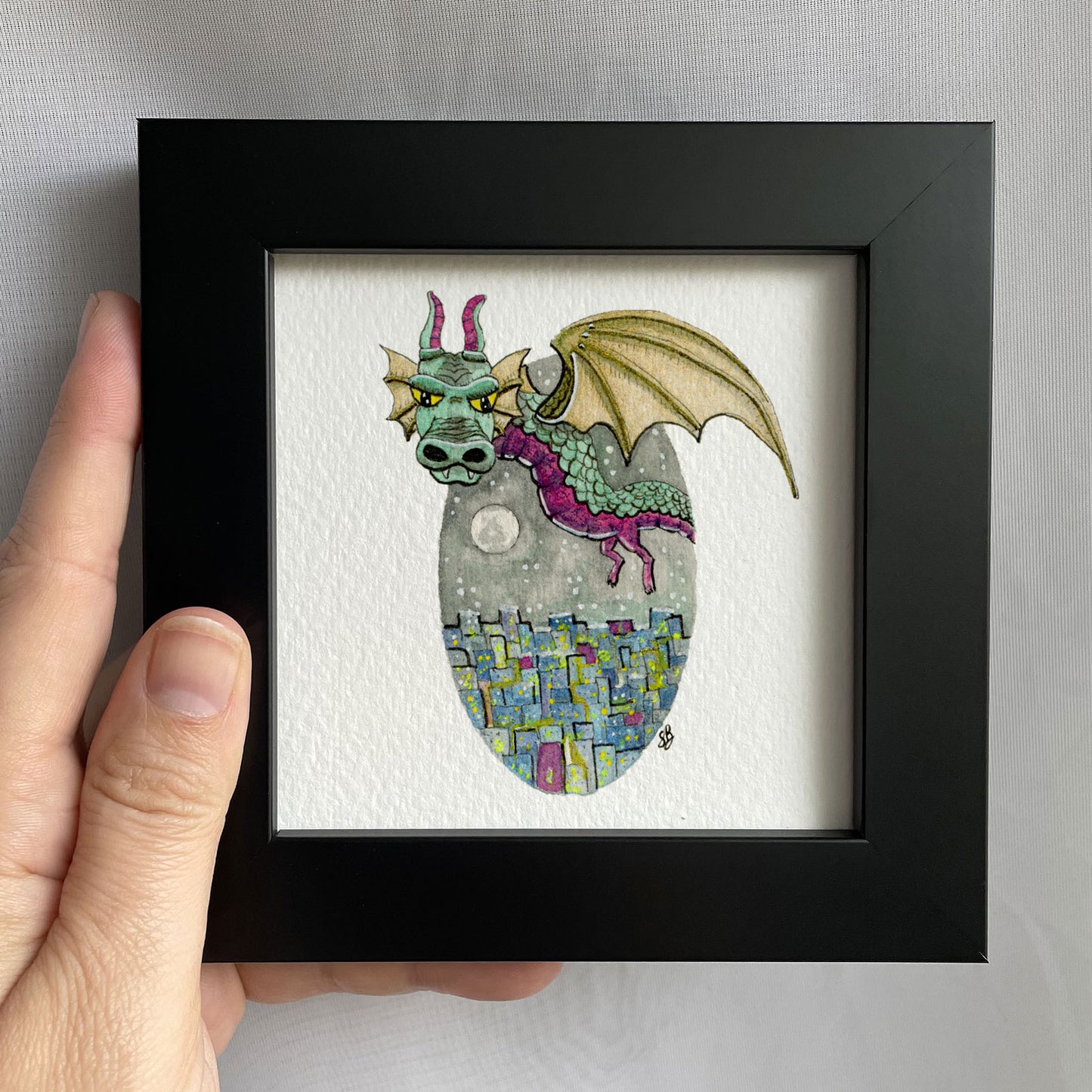Dragon Over City Tiny Art Watercolor Print