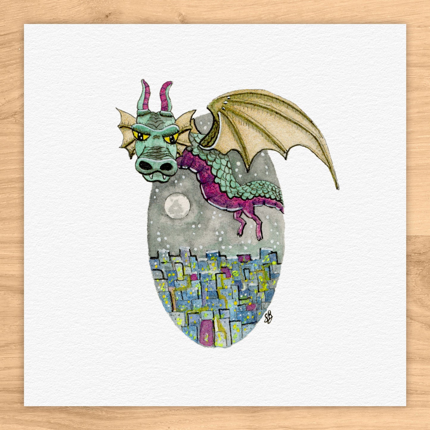 Dragon Over City Tiny Art Watercolor Print