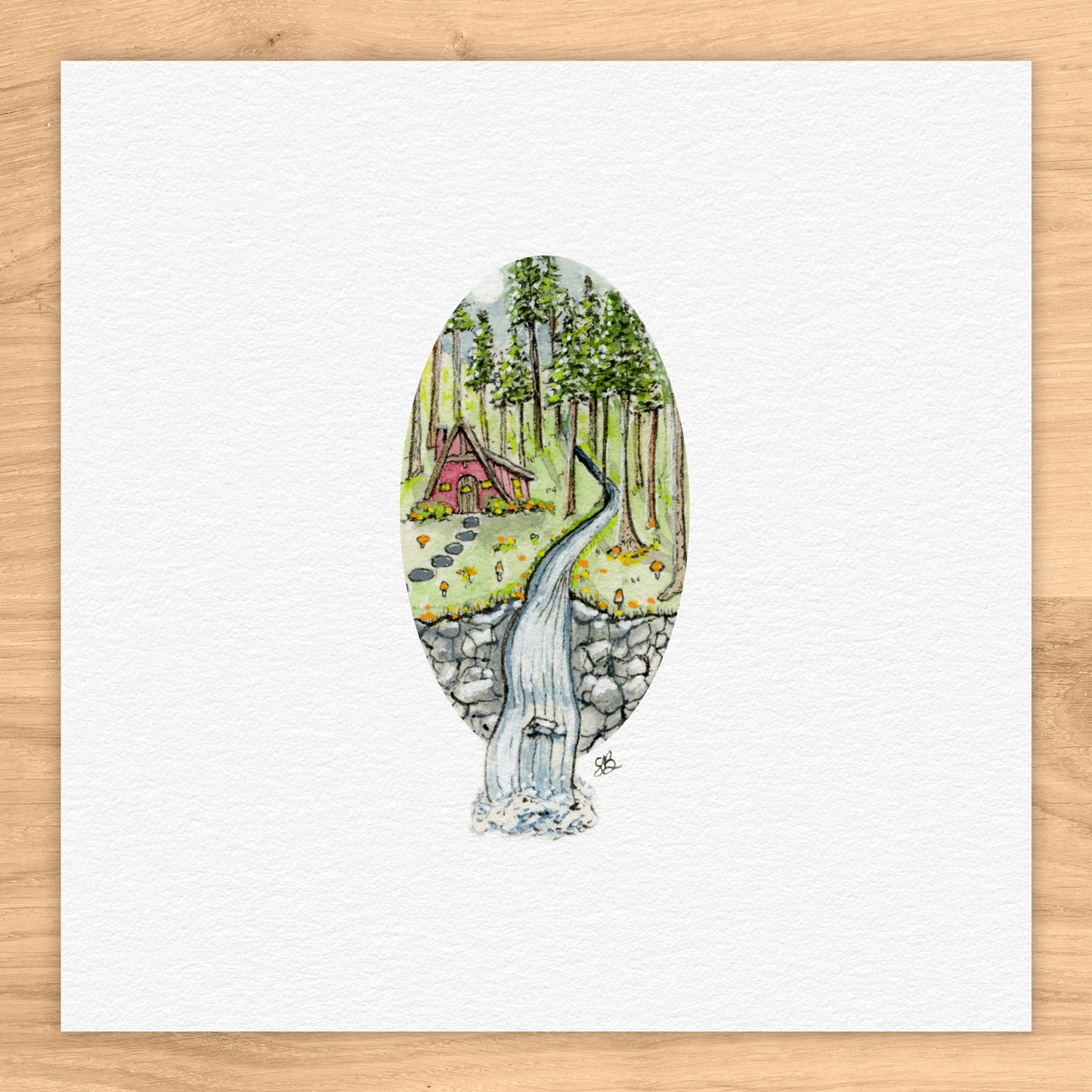 Cabin With Waterfall Tiny Art Watercolor Print
