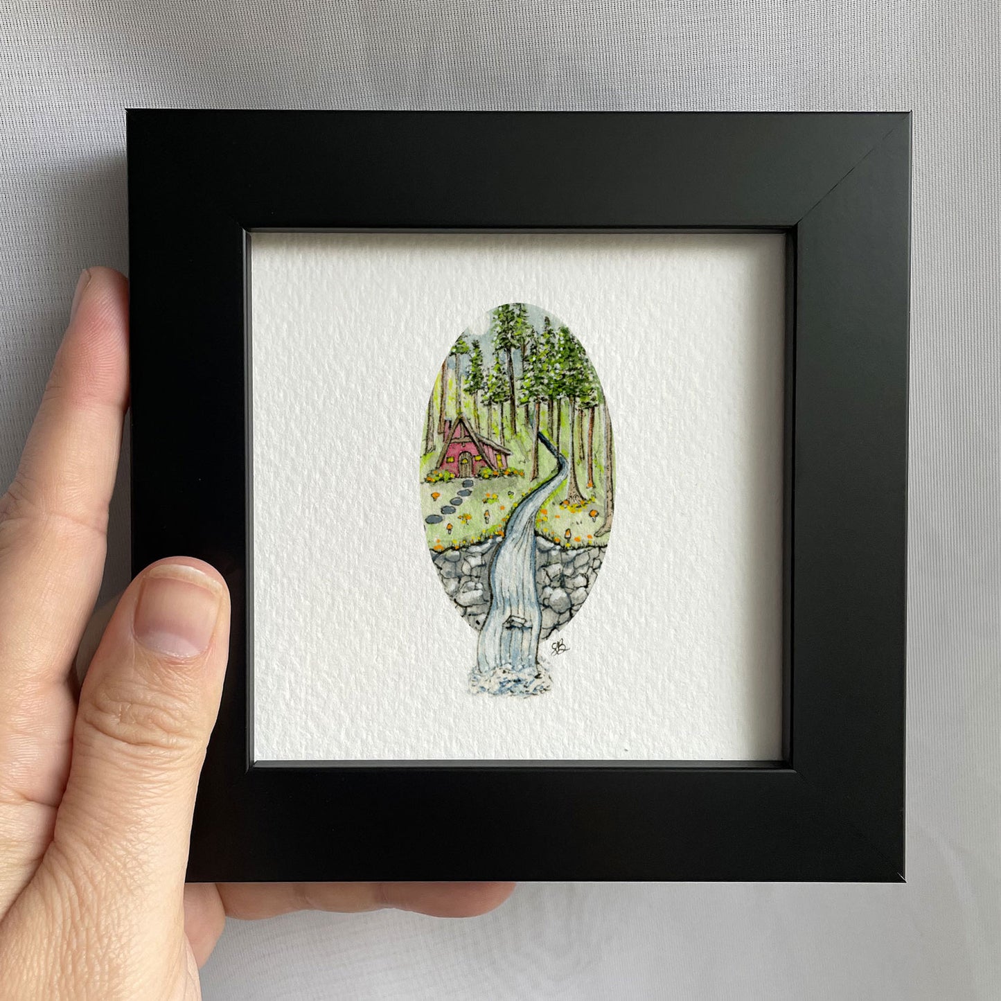 Cabin With Waterfall Tiny Art Watercolor Print