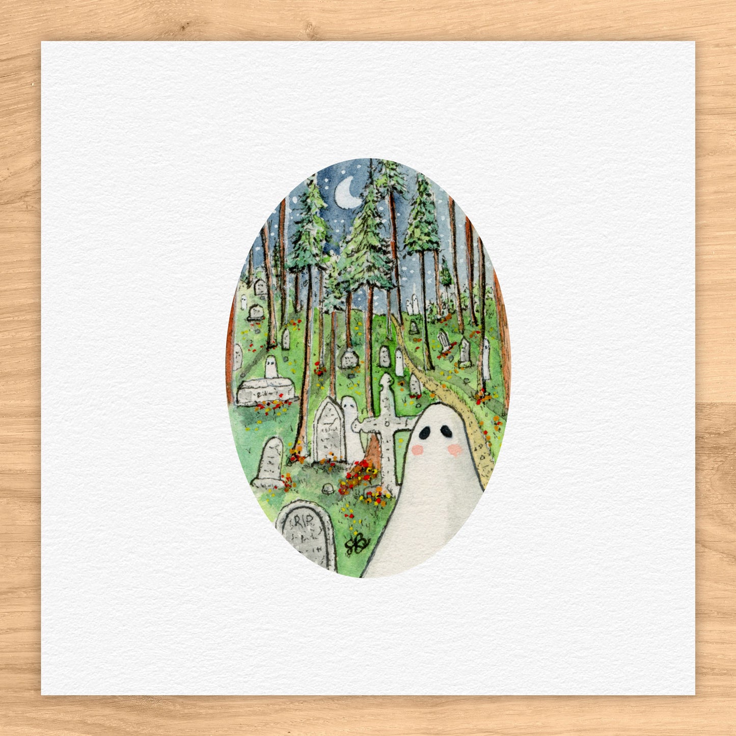 Ghosties in The Graveyard Tiny Art Watercolor Print