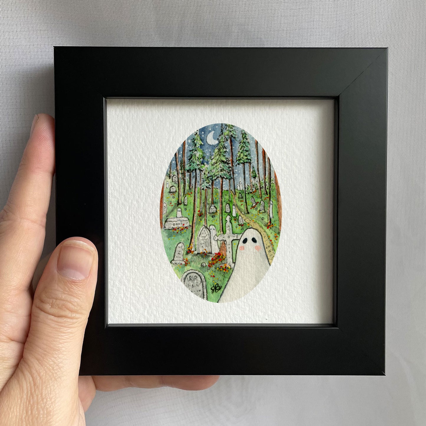 Ghosties in The Graveyard Tiny Art Watercolor Print