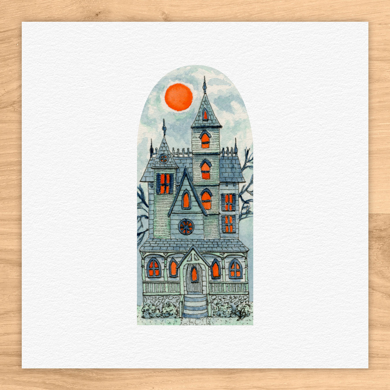 Haunted House with Blood Moon Watercolor Print