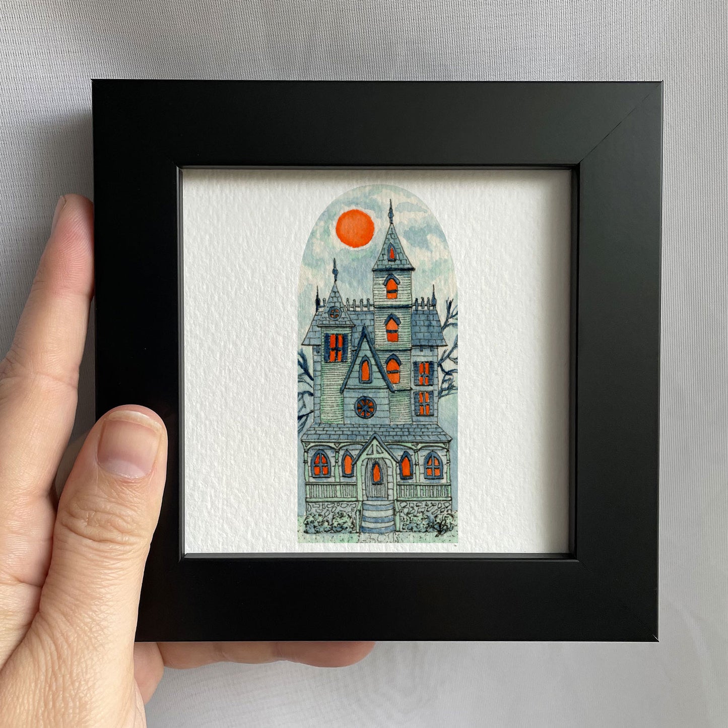 Haunted House with Blood Moon Watercolor Print