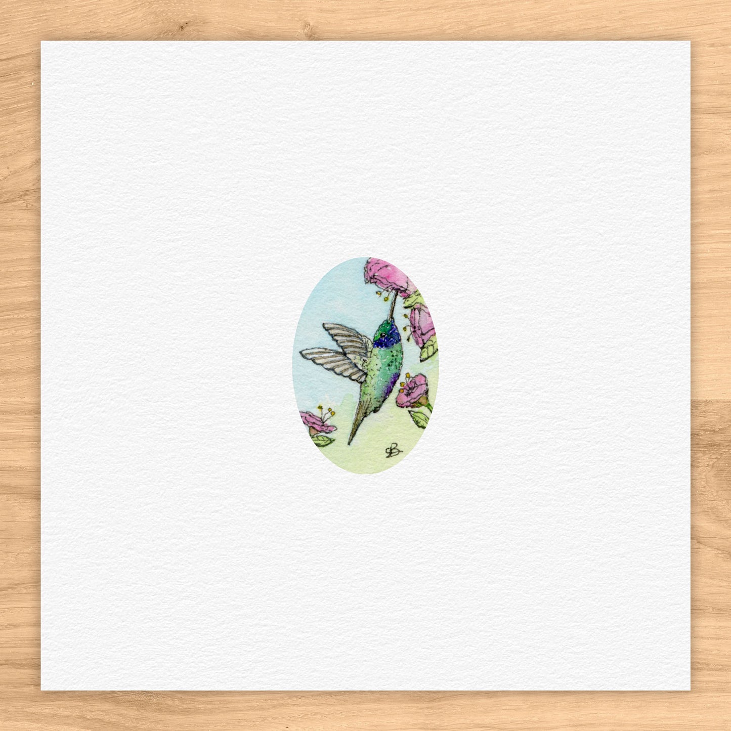 Hummingbird in Oval Watercolor Print