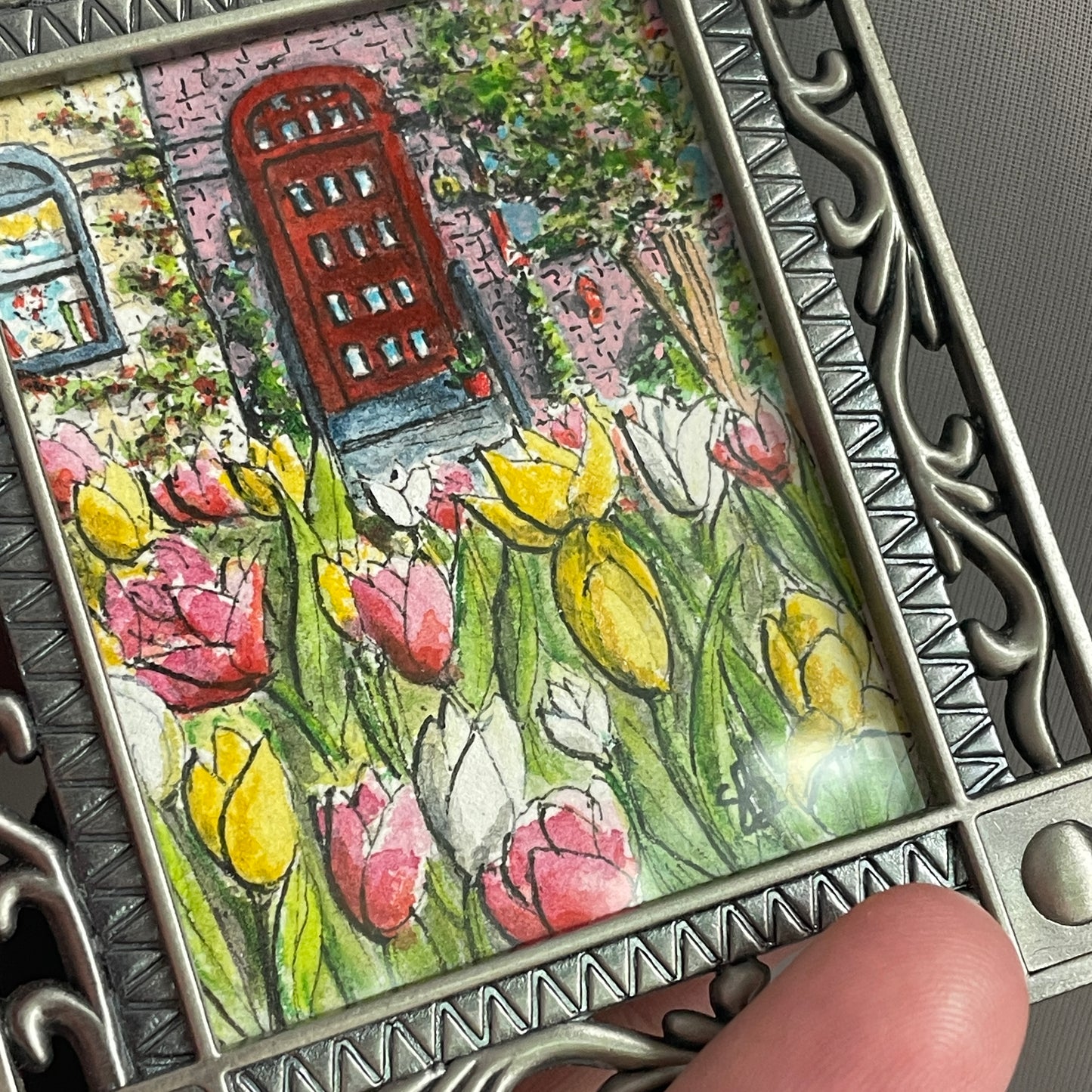 Tulips in Neighborhood Tiny Art Original Watercolor Painting