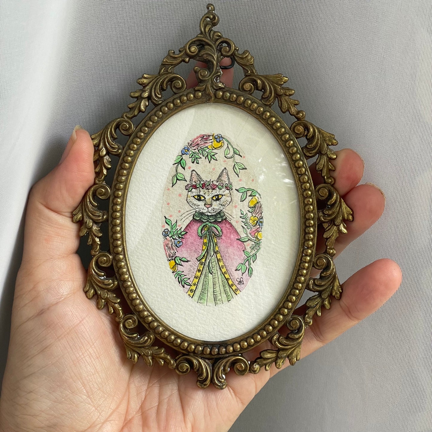 Majestic Cat in Vintage Frame Tiny Art Watercolor Painting