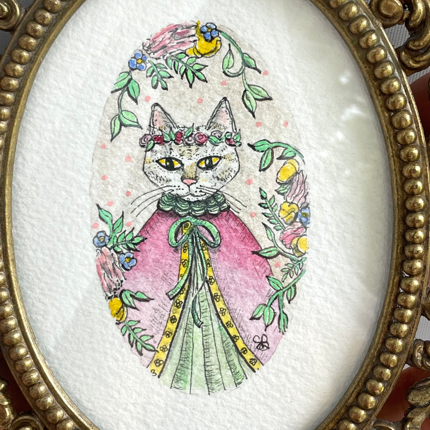 Majestic Cat in Vintage Frame Tiny Art Watercolor Painting