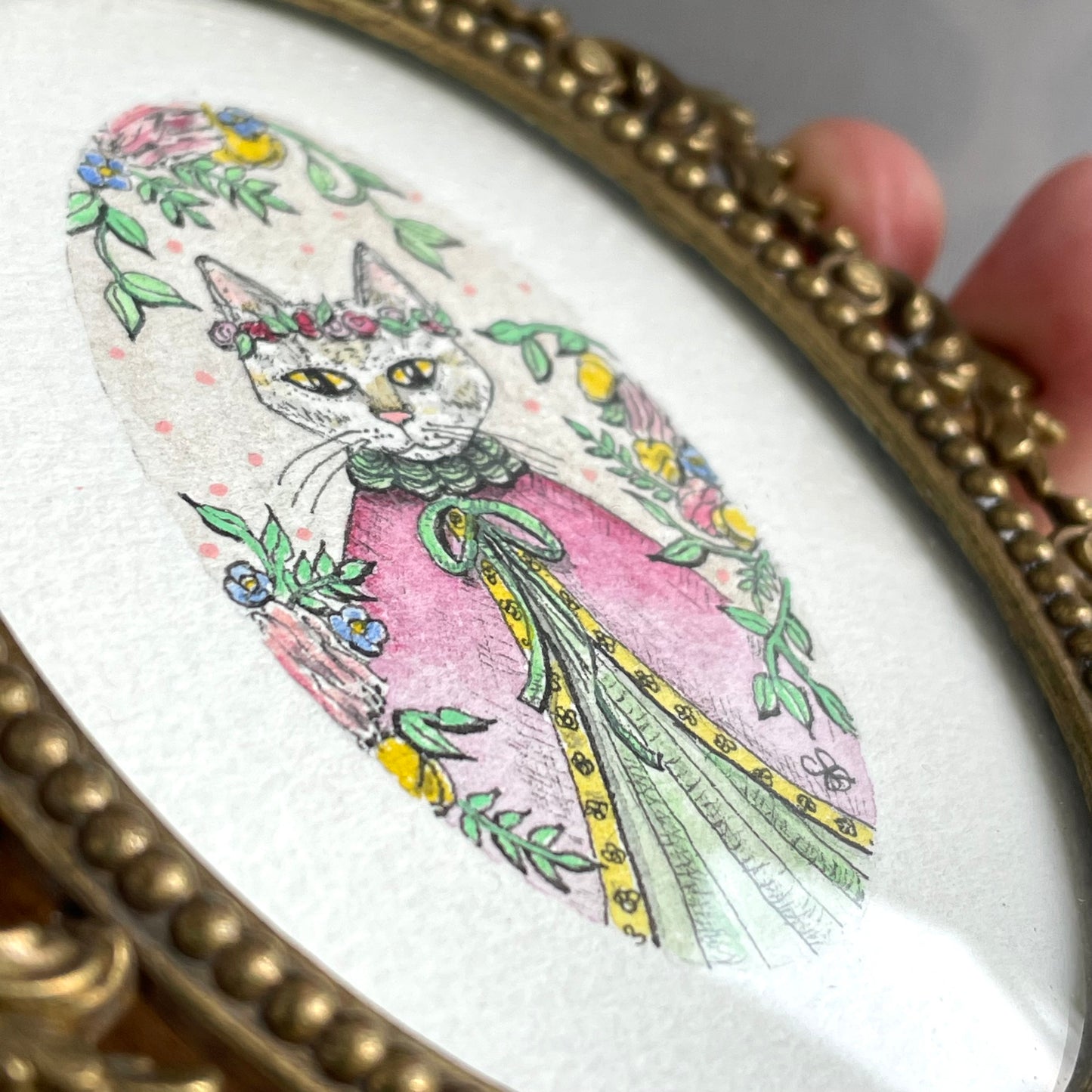 Majestic Cat in Vintage Frame Tiny Art Watercolor Painting