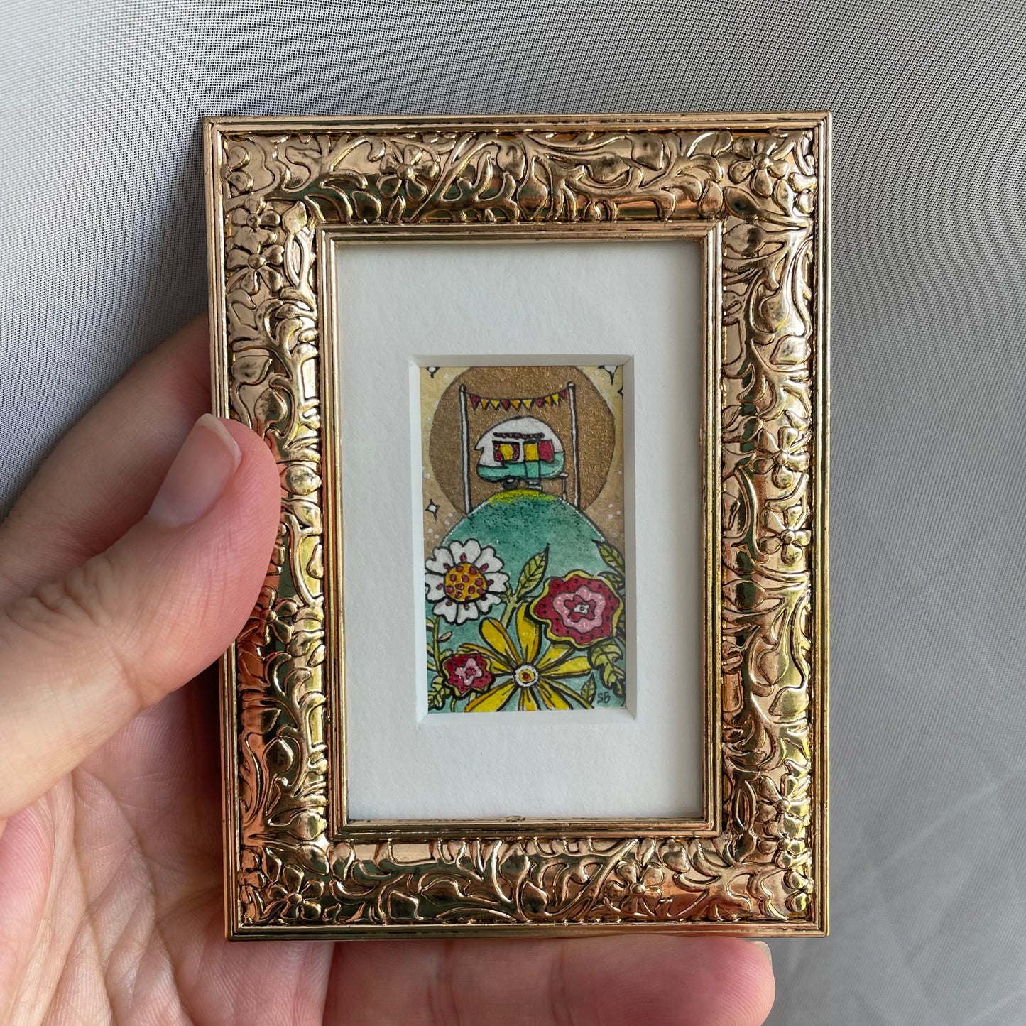 Camper on Hill Tiny Art Watercolor Painting