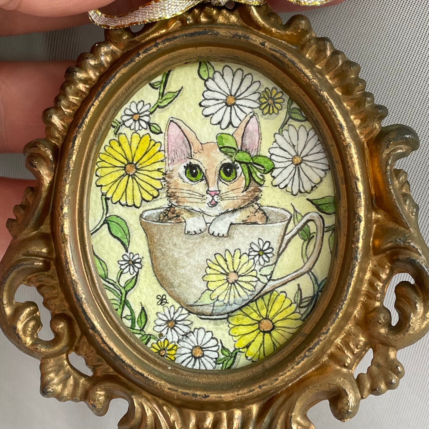 Tea Cup Kitten in Vintage Frame Tiny Art Watercolor Painting