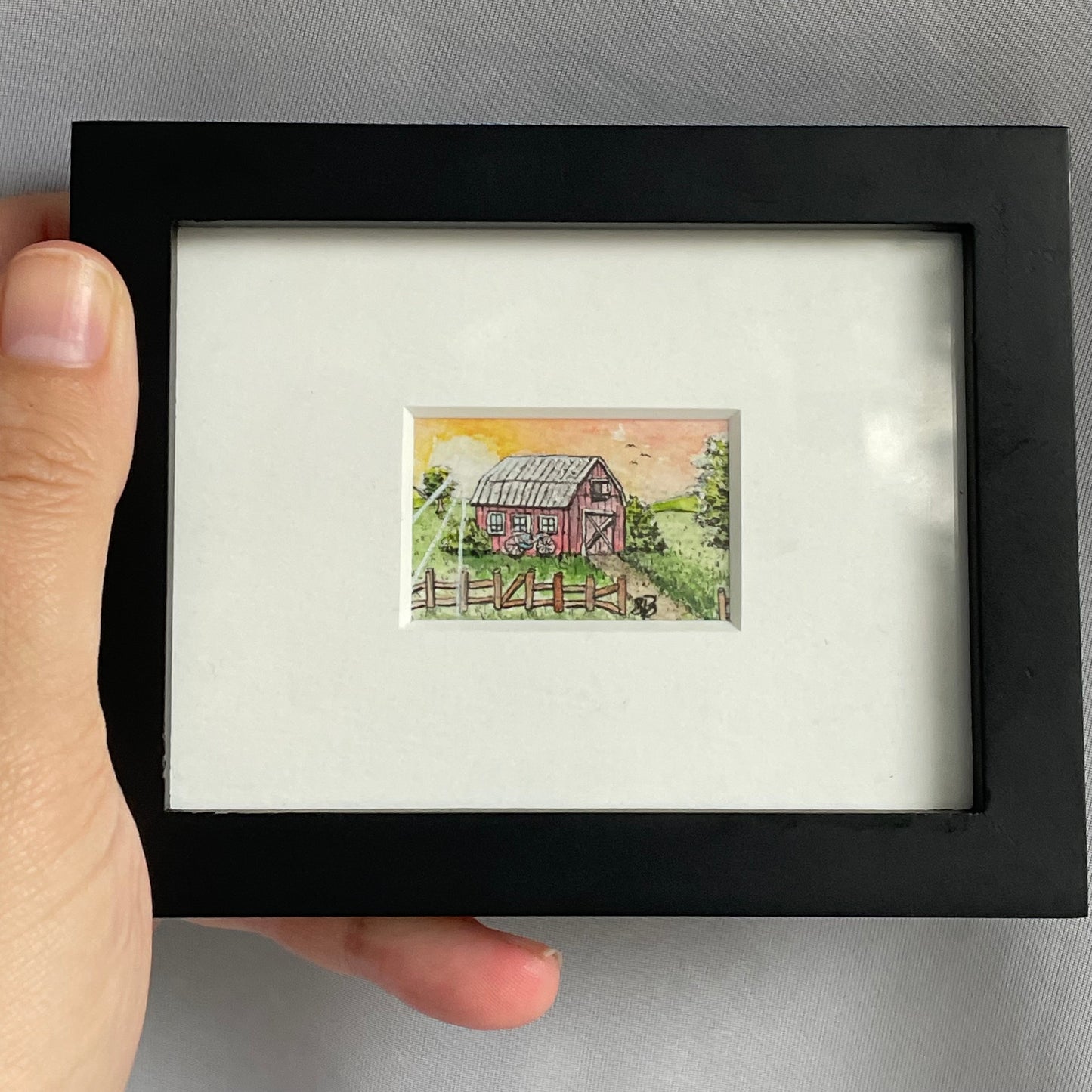 Barn at Sunrise Tiny Art Watercolor Painting