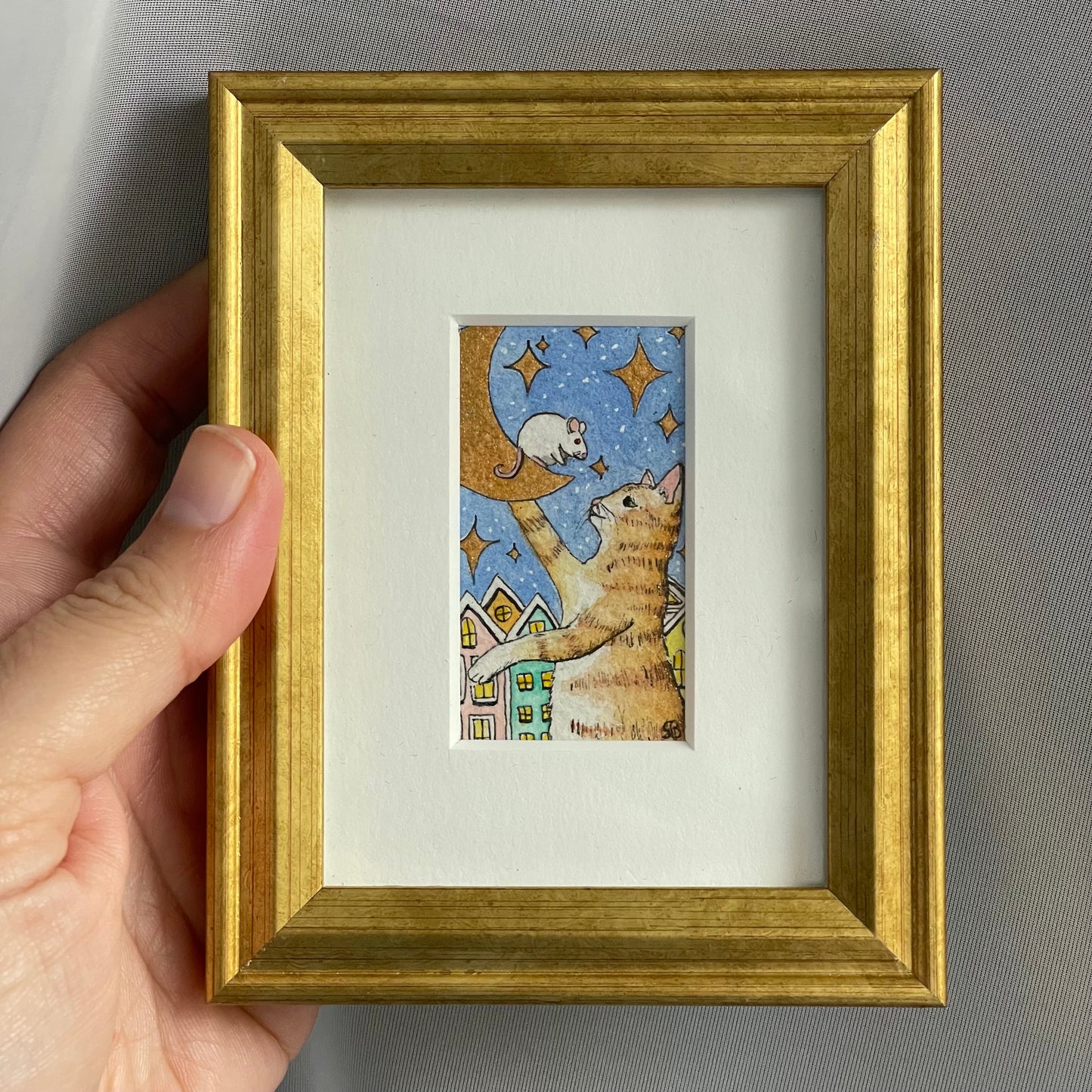 Cat, Mouse, & Moon Tiny Art Watercolor Painting