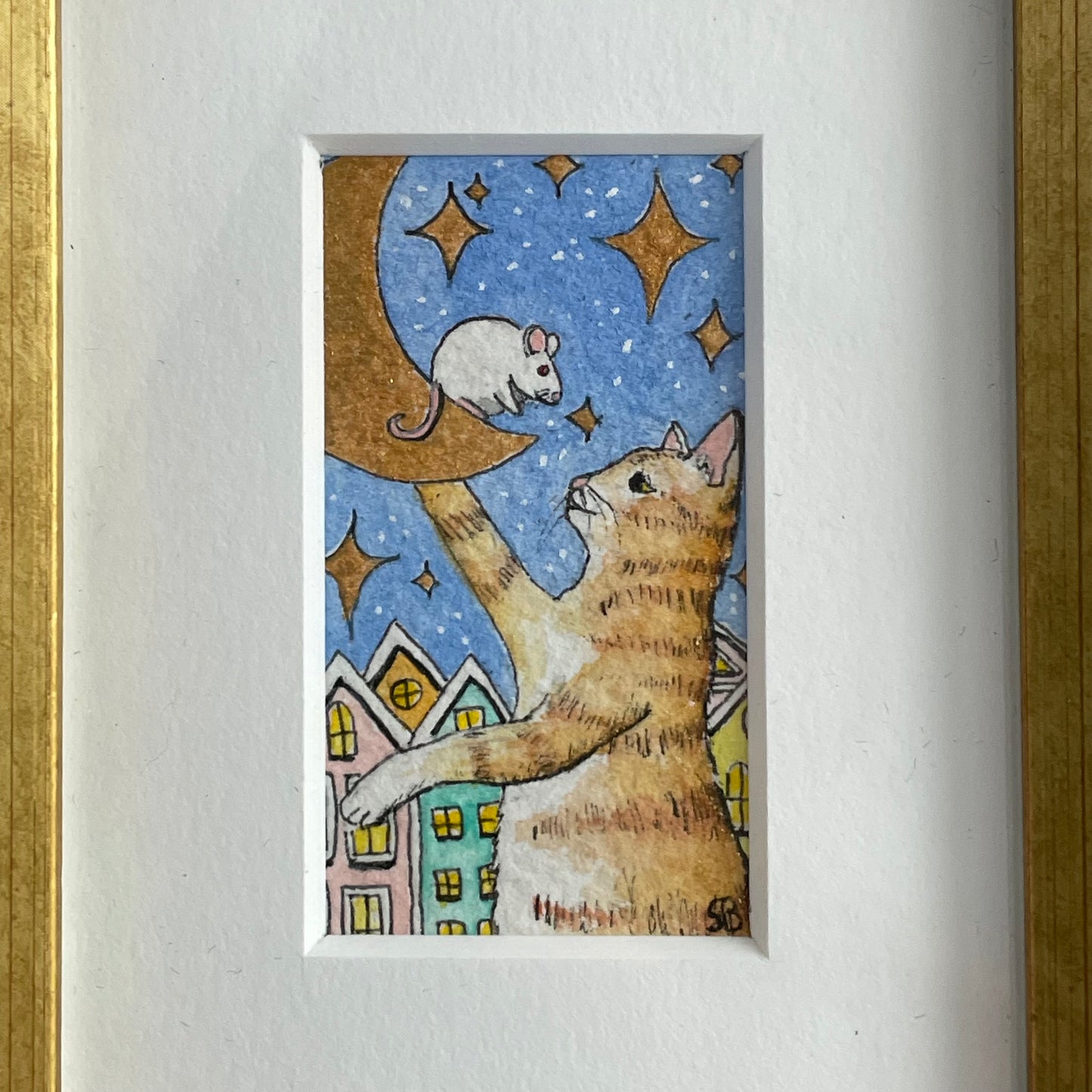 Cat, Mouse, & Moon Tiny Art Watercolor Painting