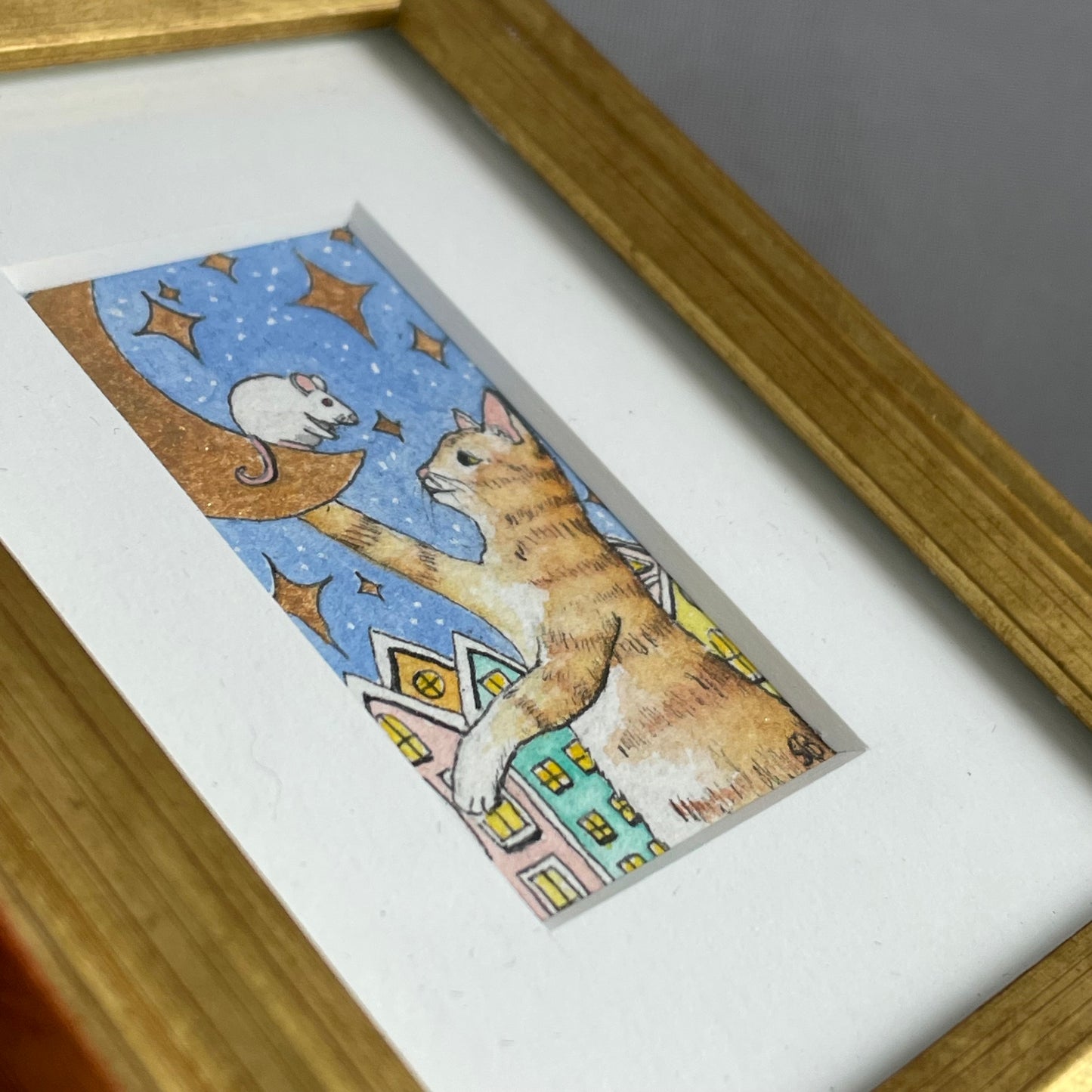 Cat, Mouse, & Moon Tiny Art Watercolor Painting