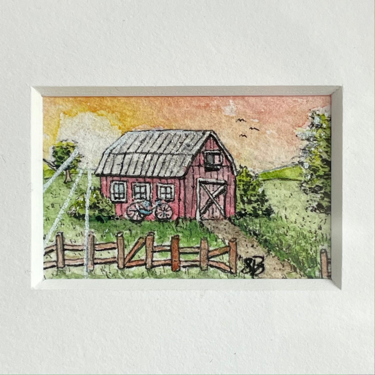 Barn at Sunrise Tiny Art Watercolor Painting