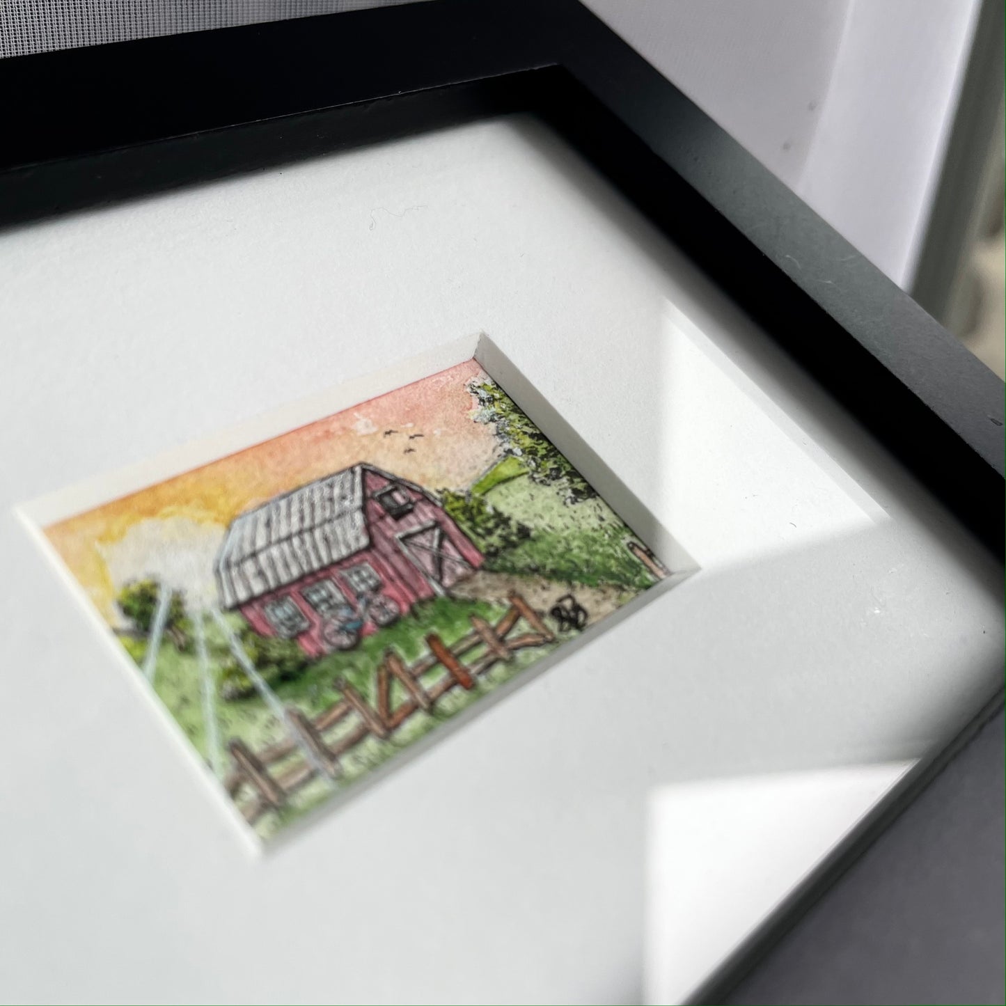 Barn at Sunrise Tiny Art Watercolor Painting