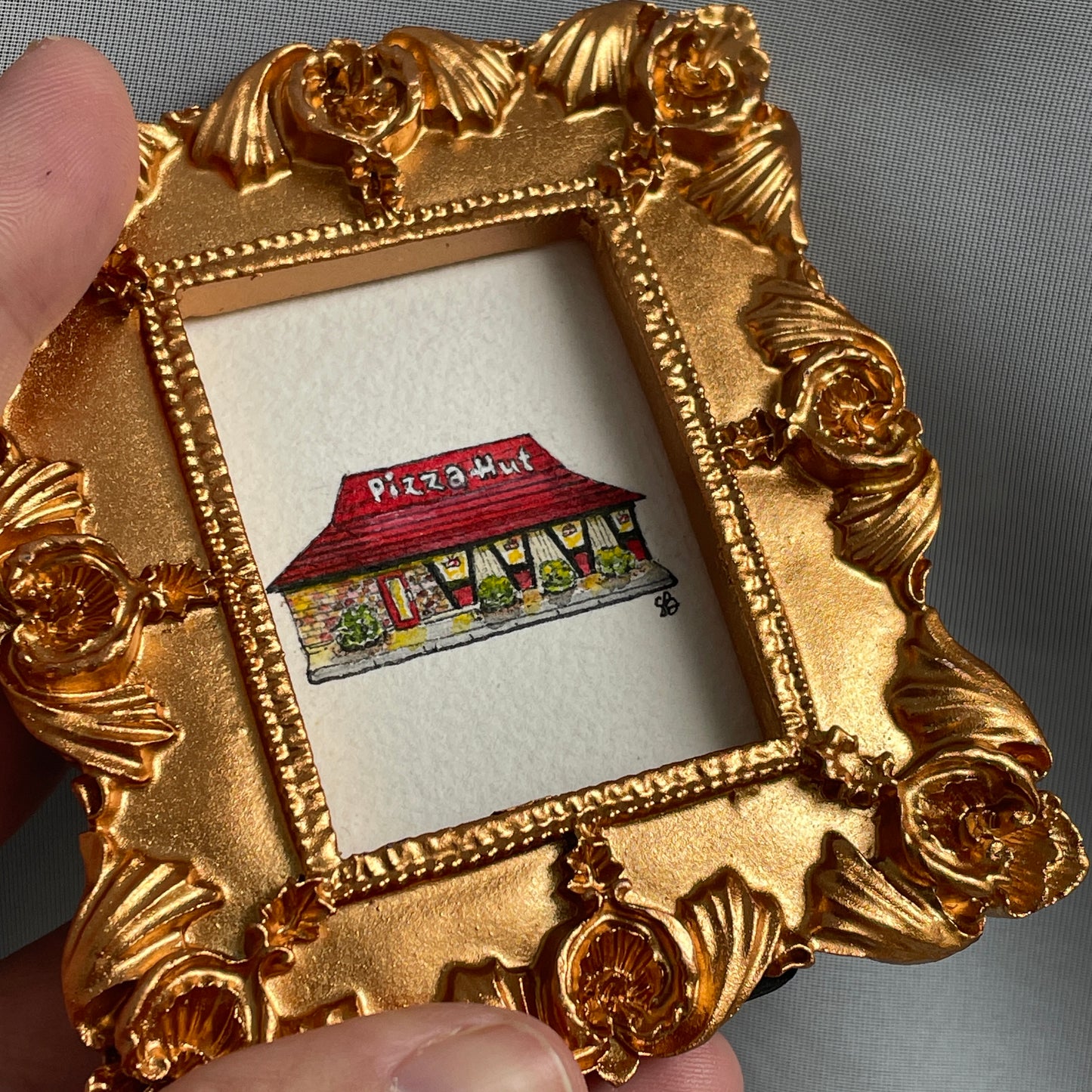 Retro Pizza Hut Tiny Art Original Watercolor Painting