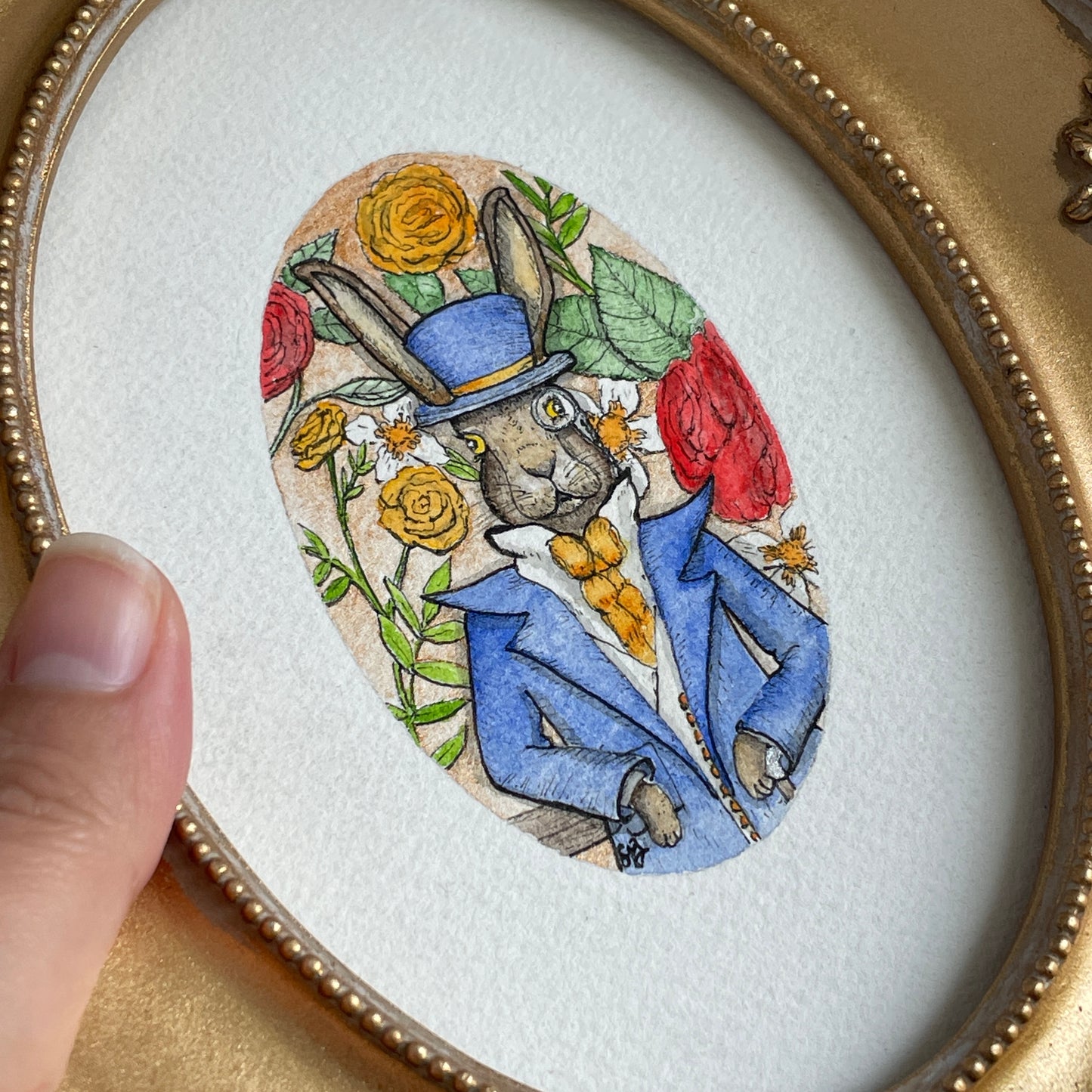 Dapper Hare Original Tiny Art Watercolor Painting