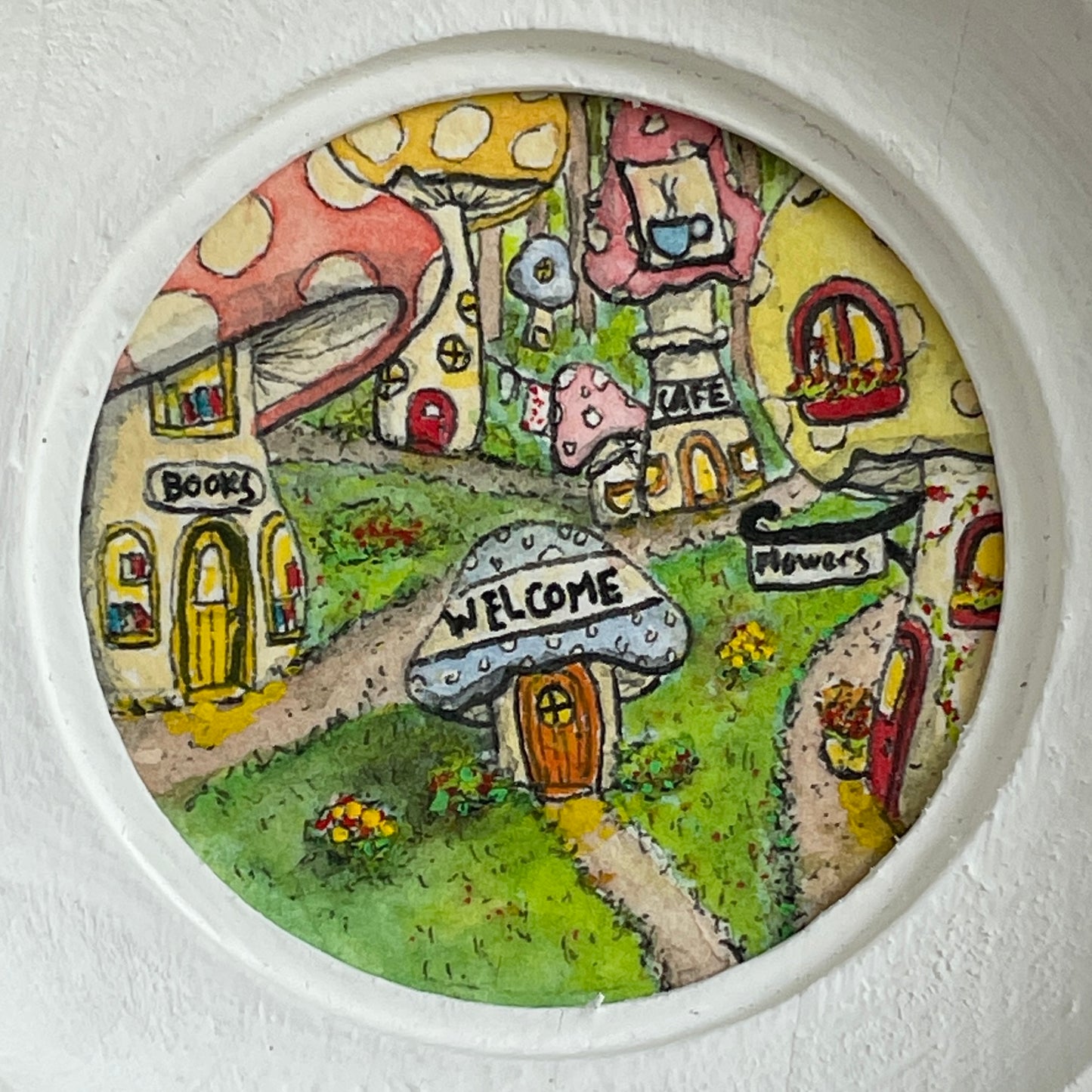 Mushroom Village Tiny Art Original Watercolor Painting