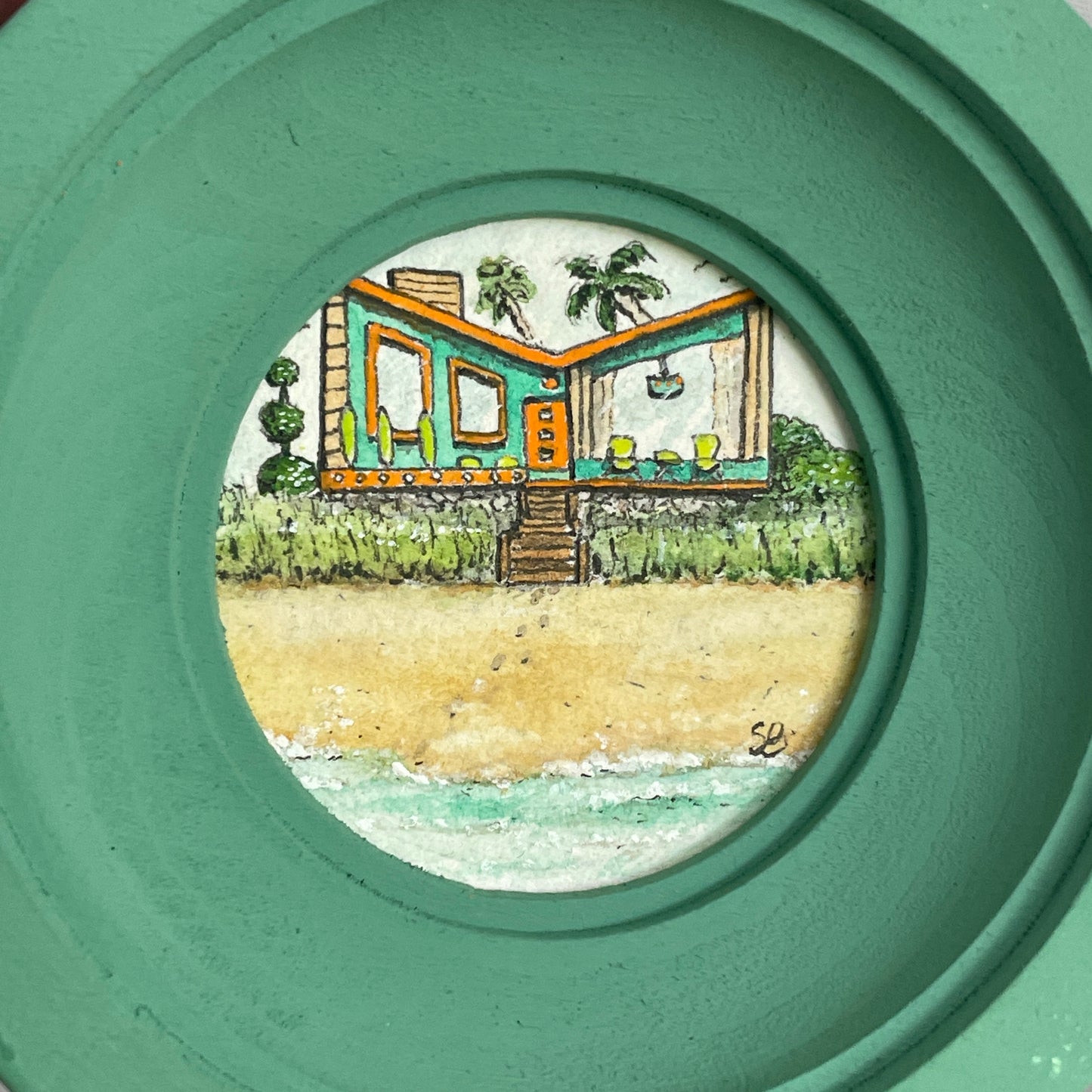 Mid-century Beach House Tiny Art Original Watercolor Painting
