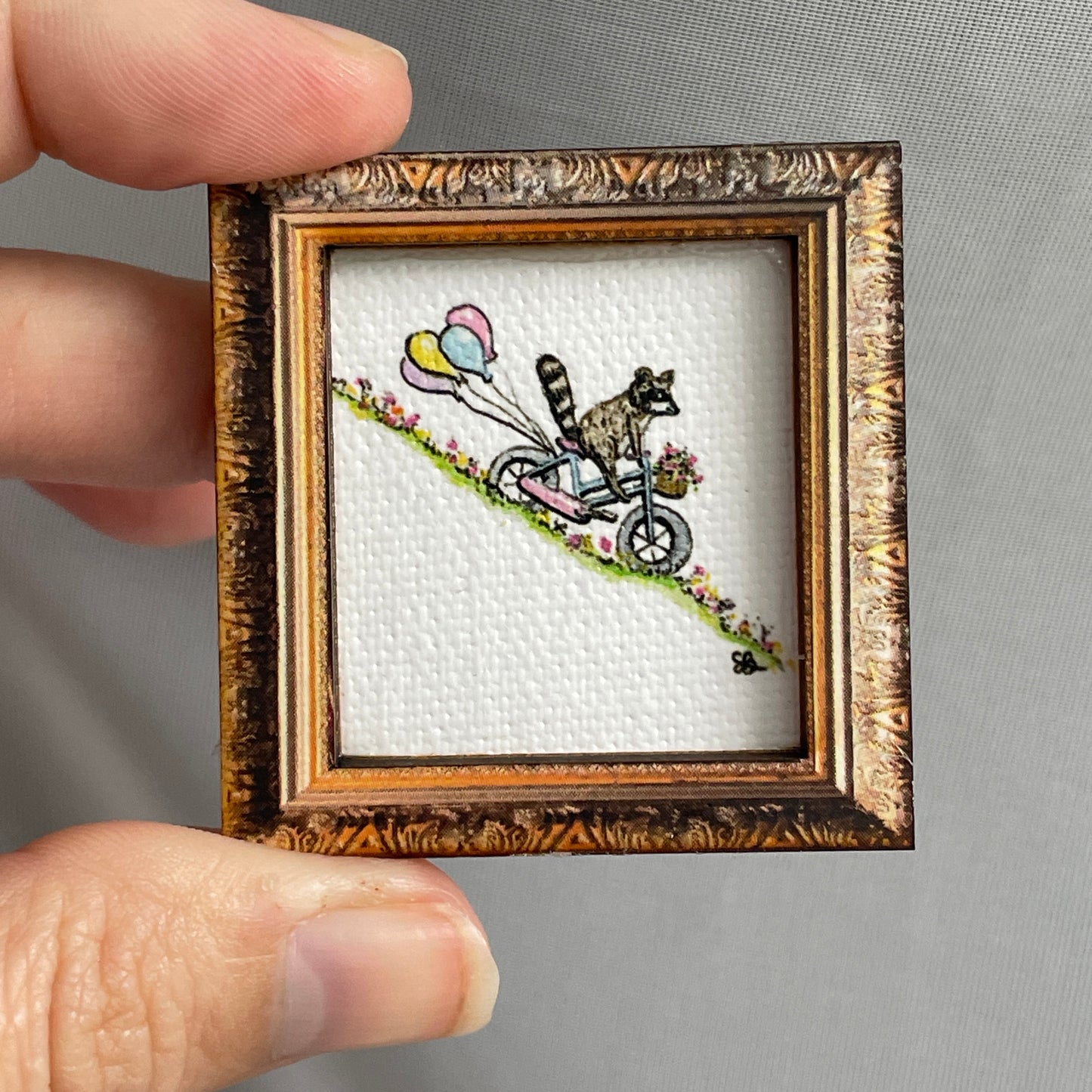 Racoon on Bicycle Framed Canvas Print Magnet Tiny Art