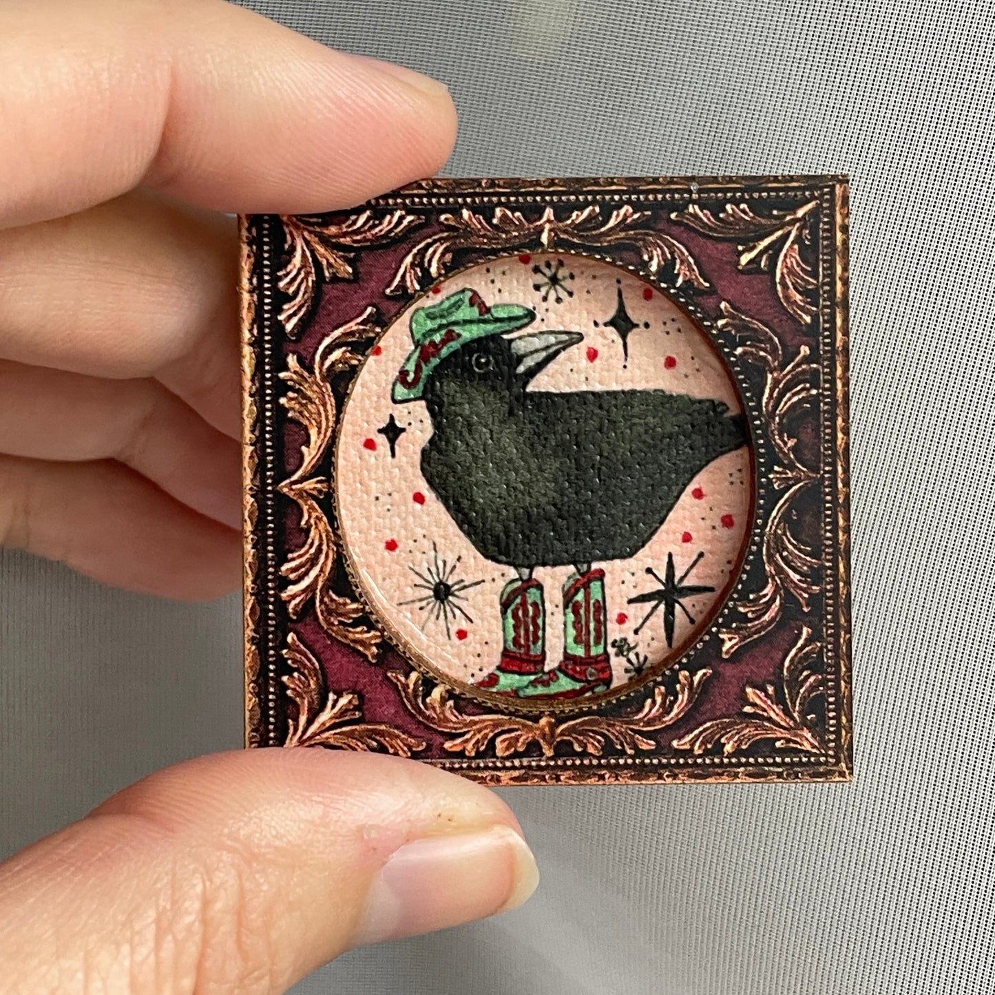Cowgirl Crow Framed Canvas Print Magnet Tiny Art