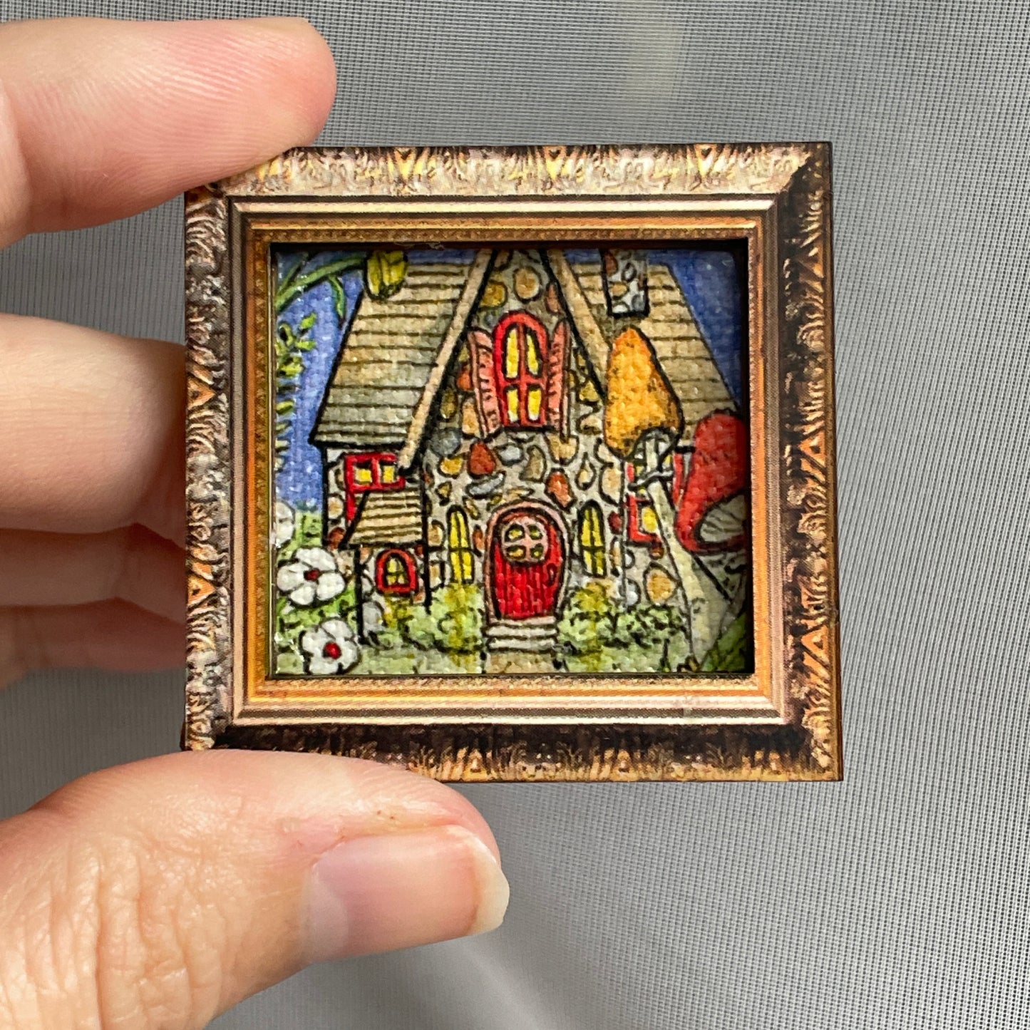 Stony Cottage With Mushrooms Framed Canvas Print Magnet Tiny Art