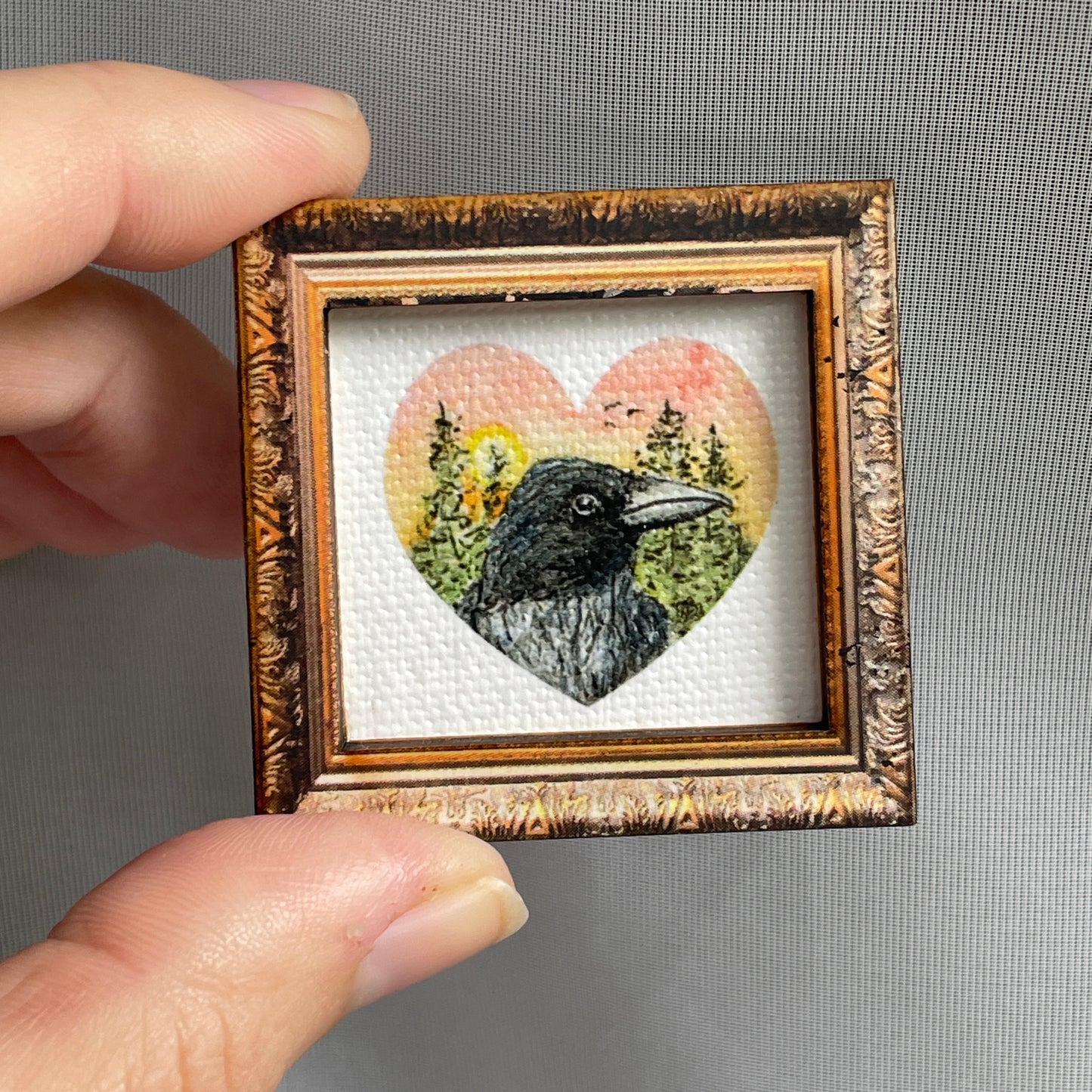 Crow In Heart Framed Canvas Print Magnet Tiny Art