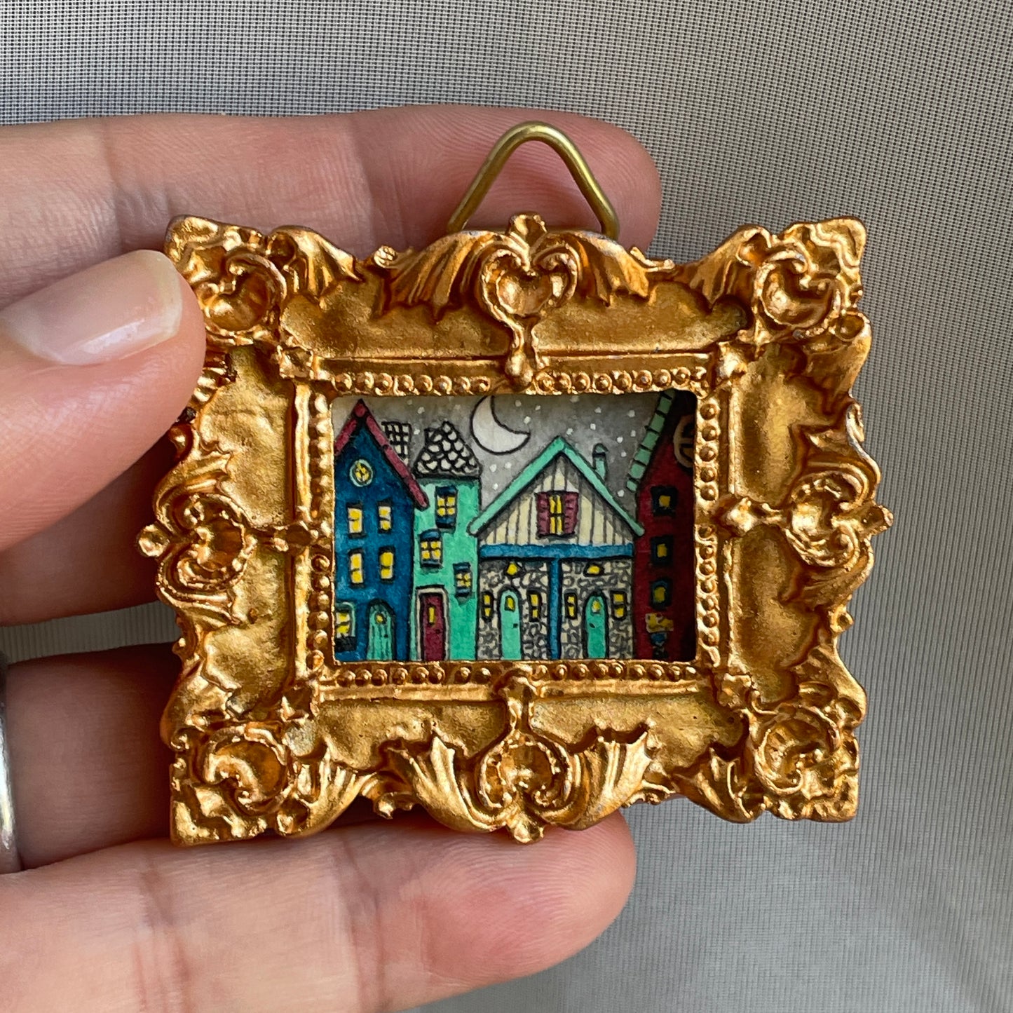 Row of Homes at Night TEENY Art Original Watercolor Painting